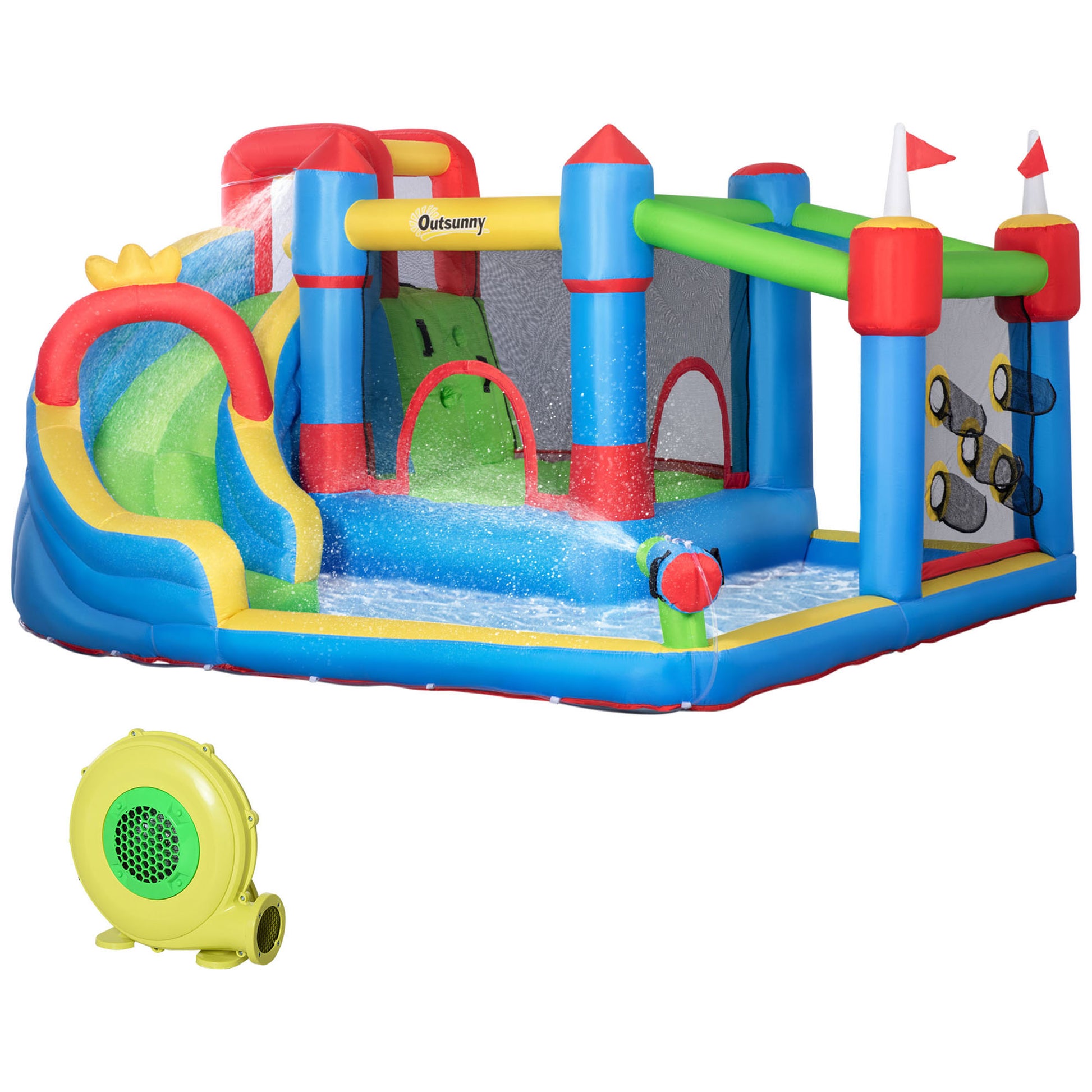 Hüpfburg Märchenschloss mit Rutsche & Pool – inkl. Gebläse, Tasche & Zubehör – 390×300×197 cm – Bunt
