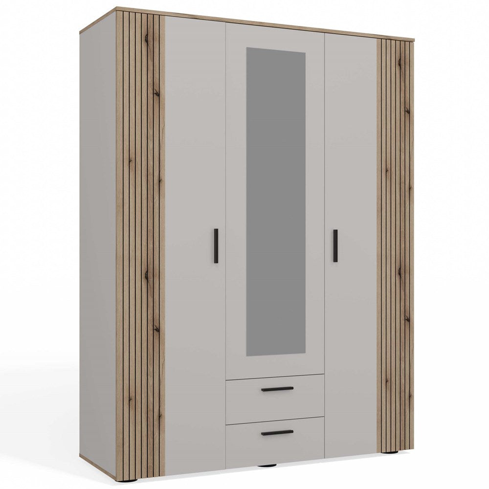 Kleiderschrank AVA 150 cm – 3-türig mit Spiegel & 2 Schubladen, Kaschmir Beige / Eiche Evoke