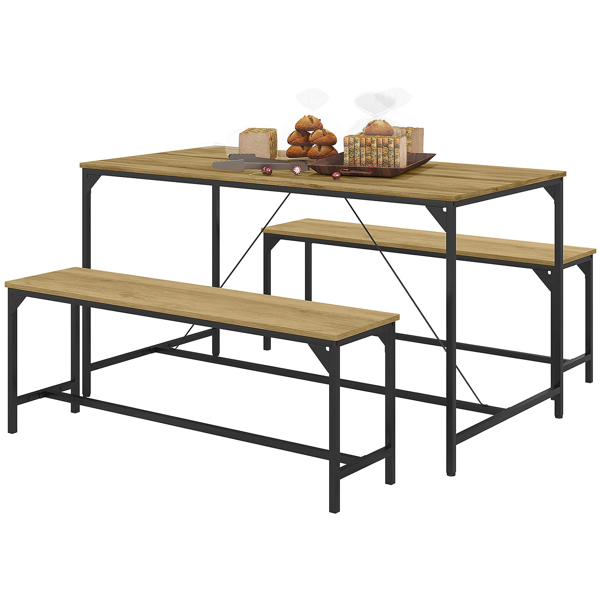Essgarnitur, Tisch & 2 Bänke, Industrial Design, Stahlrahmen, Holzdekor/Schwarz