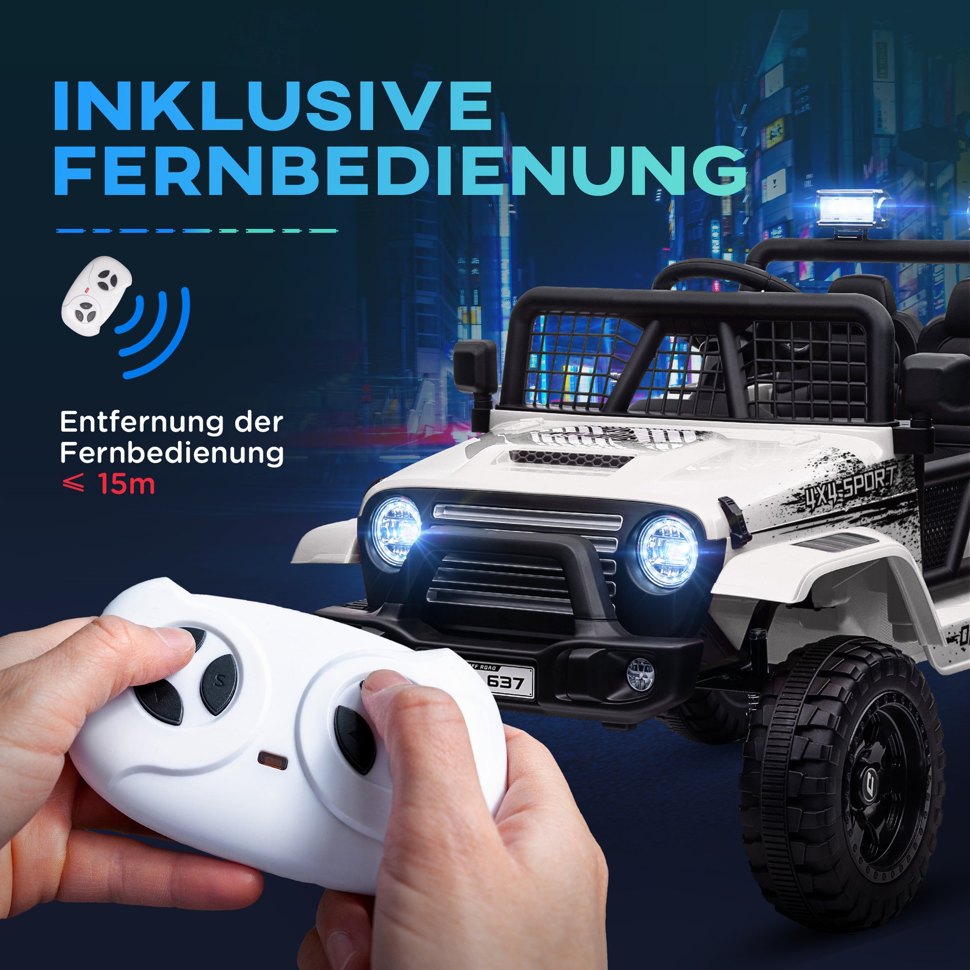 Kinder-Elektroauto mit sanfter Federung, fernsteuerbar, LED-Lichter, Hupe, 12V, Kunststoff und Metall