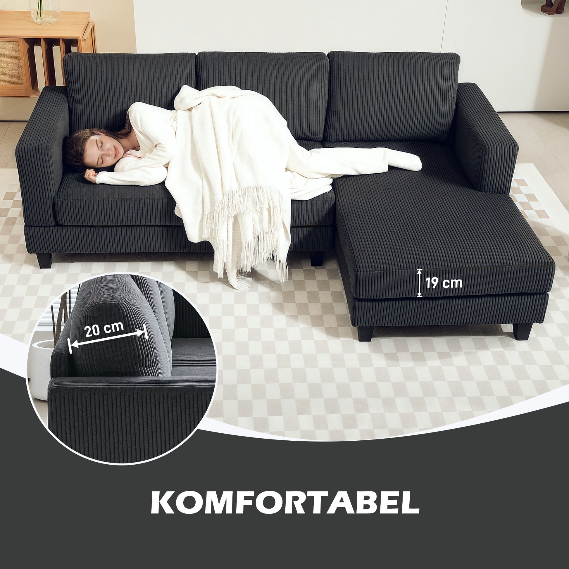 Ecksofa mit Chaiselongue 3 Sitzer L Form Gepolsterte mit Cord-Optik, Hochdichtem Schaumstoff, 214 x 134 x 87 cm Dunkelgrau