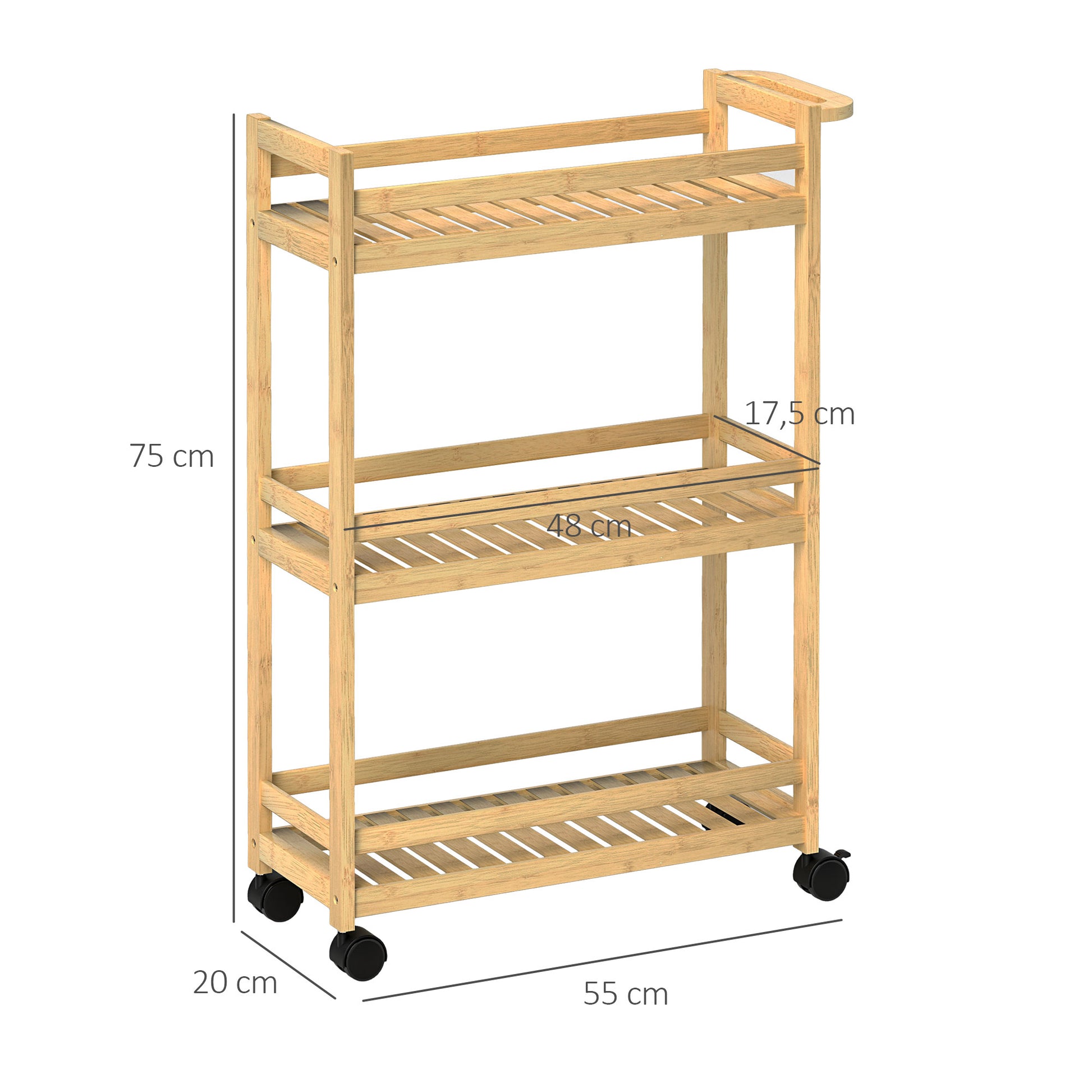 Servierwagen, 3 Etagen, Lamellenböden, Herausfallschutz, Bambus, 55 x 20 x 75 cm