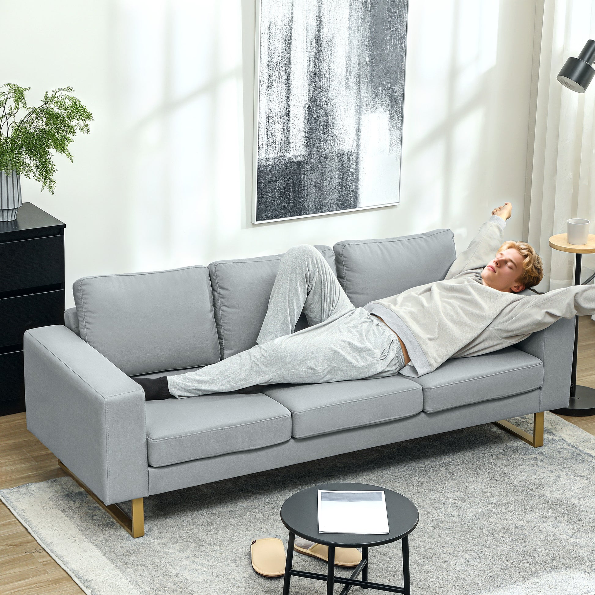 3-Sitzer-Sofa, Couch mit Vollholzrahmen, Metallbeine, schlichtes Design, Hellgrau/Dunkelgrau