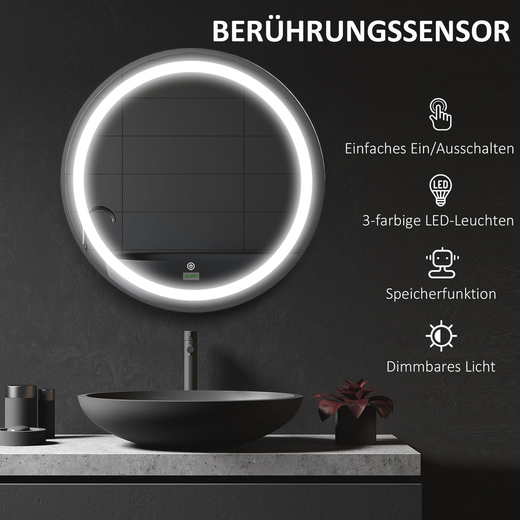 Badezimmerspiegel, LED-Beleuchtung, dimmbar, 3 Lichtfarben, Metallrahmen, Ø60 cm