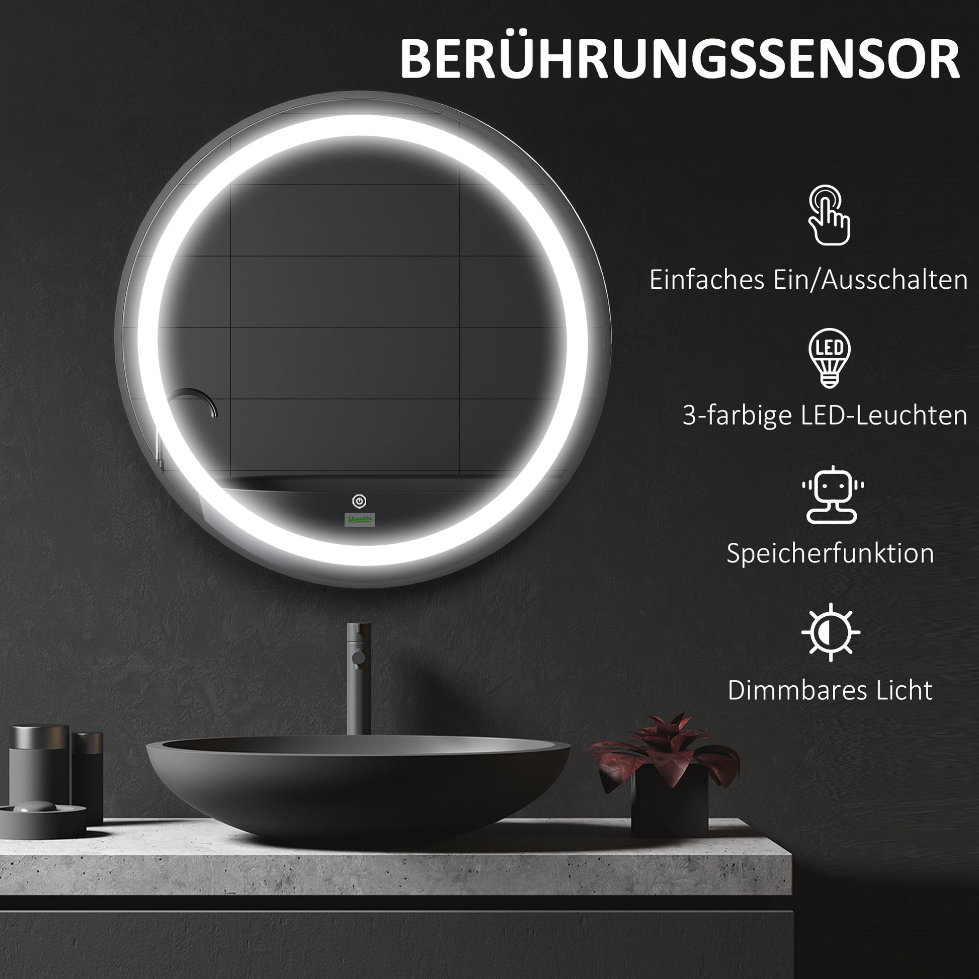 Badezimmerspiegel, LED-Beleuchtung, dimmbar, 3 Lichtfarben, Metallrahmen, Ø60 cm