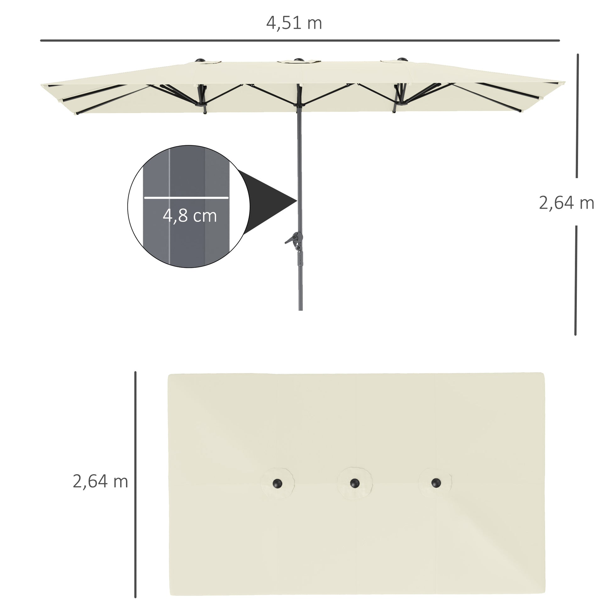 Doppelseitiger Schirm, 451 x 264 cm mit Kurbelsystem, 12 Metallstreben, Aluminiummast