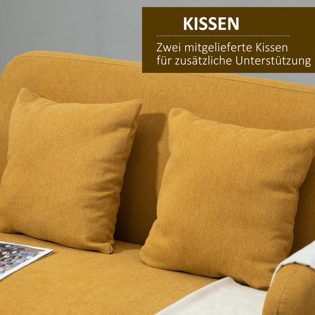 2 Sitzer Sofa mit 2 Wurfkissen, gepolsterter Doppelsofa, Polstersofa mit Samtopik, Armlehne, 130 x 70 x 80 cm, Gelb