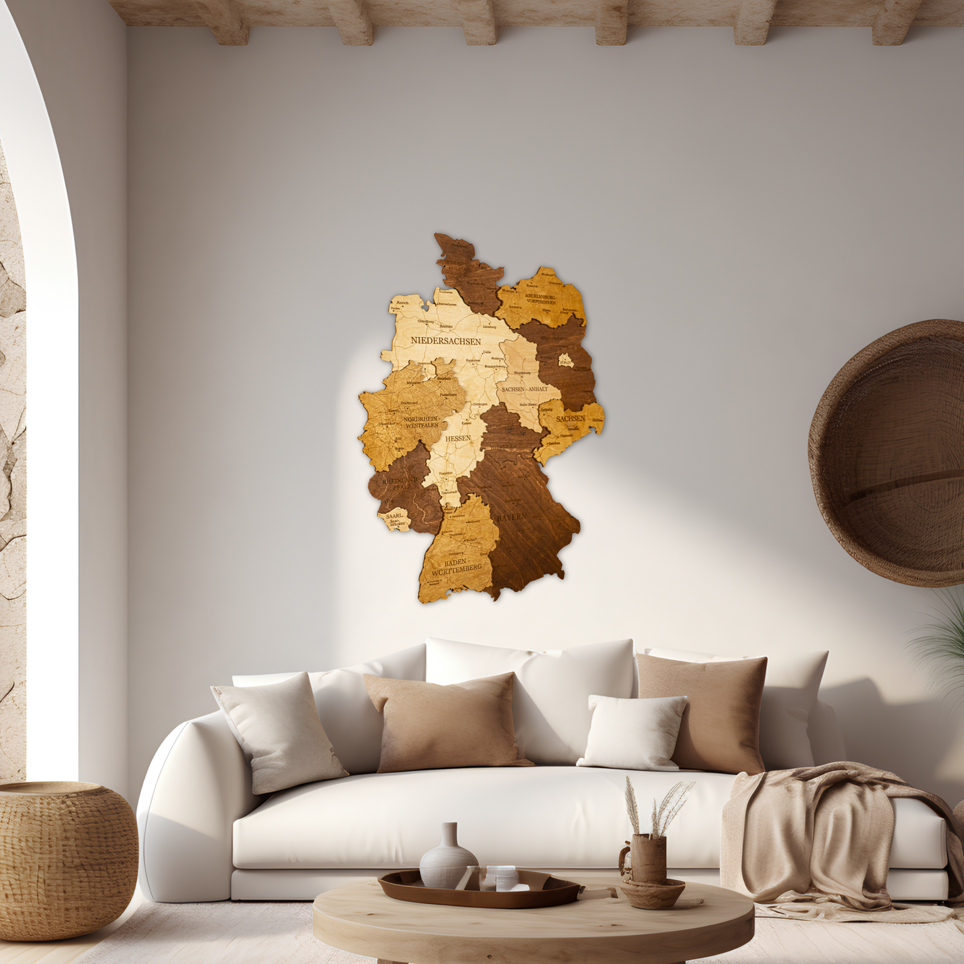 3D Holzkarte Deutschland – Handgefertigte Wanddeko mit Städten & Grenzen