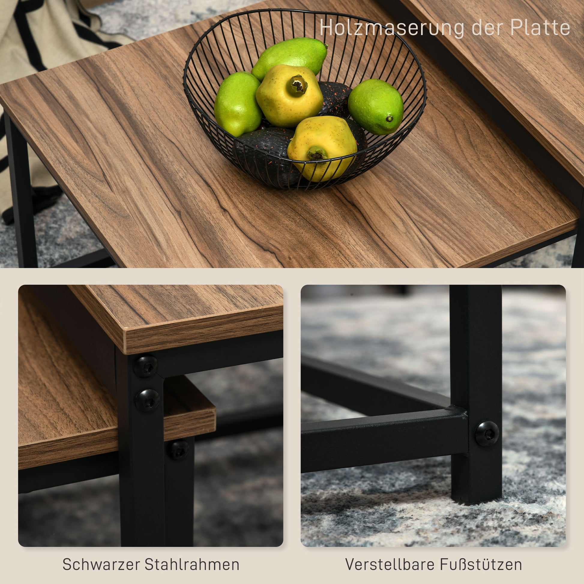 Set aus 2 Beistelltischen, Industrial Design, schwarzer Stahlrahmen, Tischplatte in Holzoptik