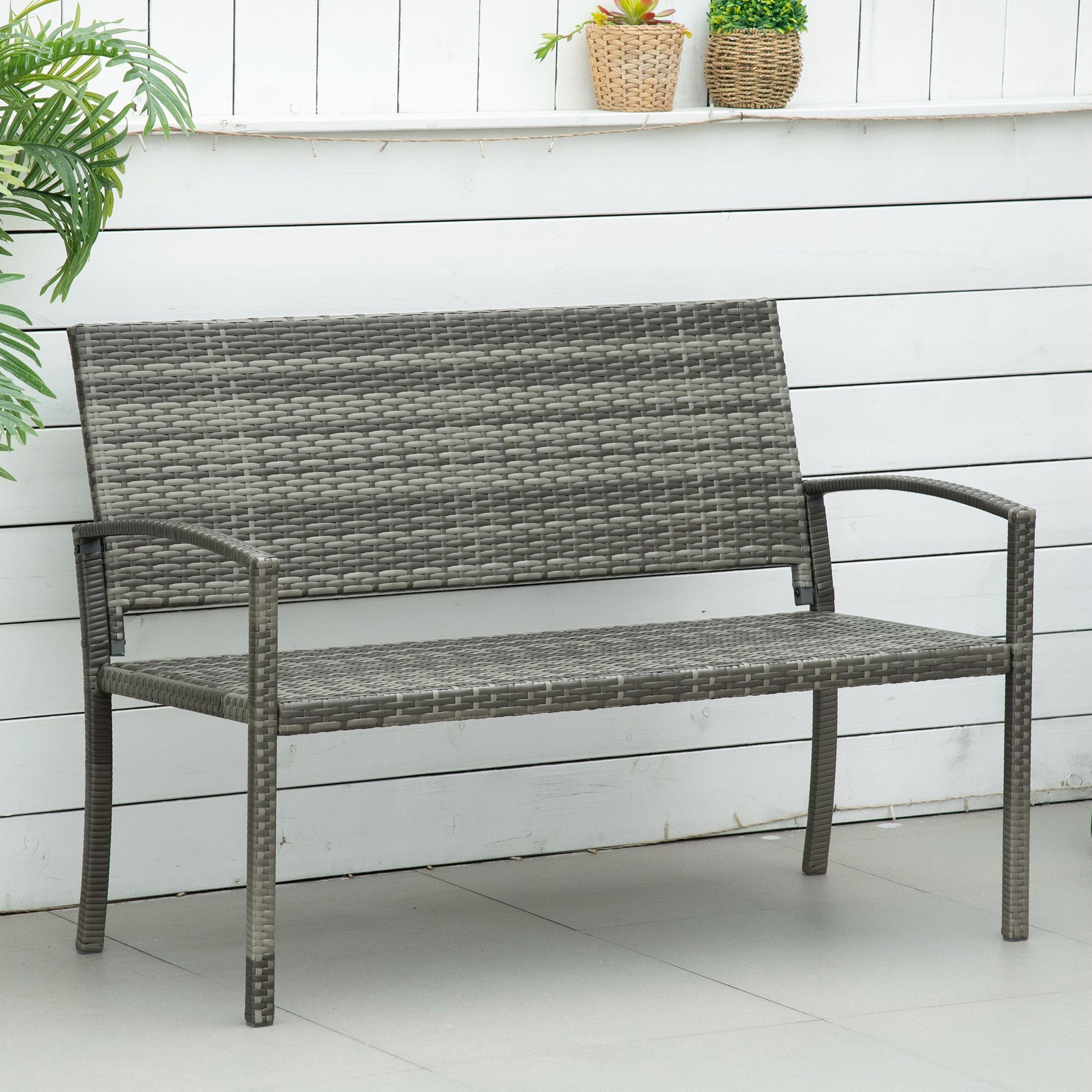 Gartenbank, in Rattanoptik, mit Stahlrahmen, für 2 Personen, Schwarz, 122 x 60 x 85cm
