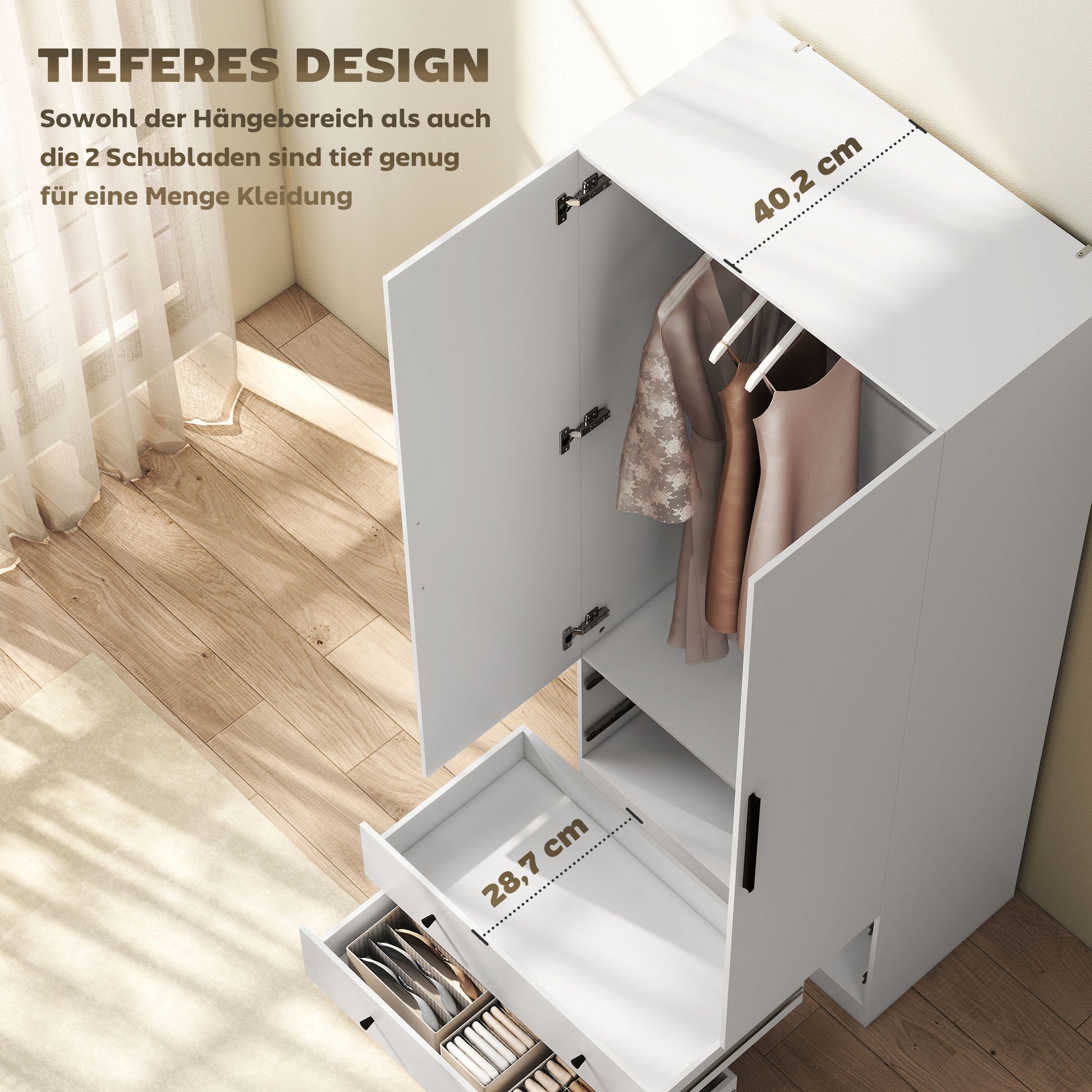 Kleiderschrank, 2 Türen, Hängebereich, Kleiderstange, 2 Schubladen, Spanplatte, Weiß