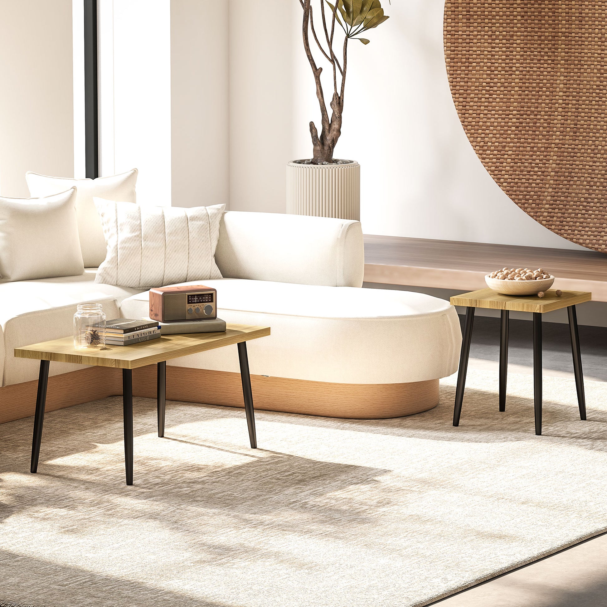 2er-Set Kaffeetische mit Metallrahmen und Holzplatte, Flexible Couchtische, Naturholz