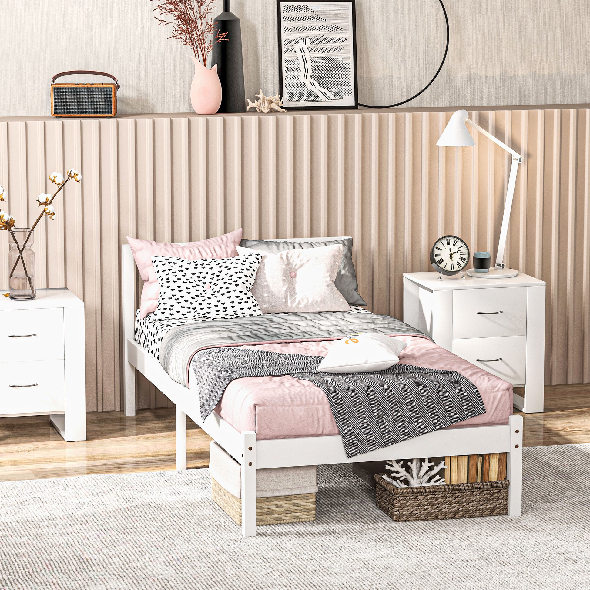 Bettrahmen Holzbett 208 x 96 cm mit Lattenrost & Kopfteil, elegantes Einzelbettgestell für Schlafzimmer in Weiß