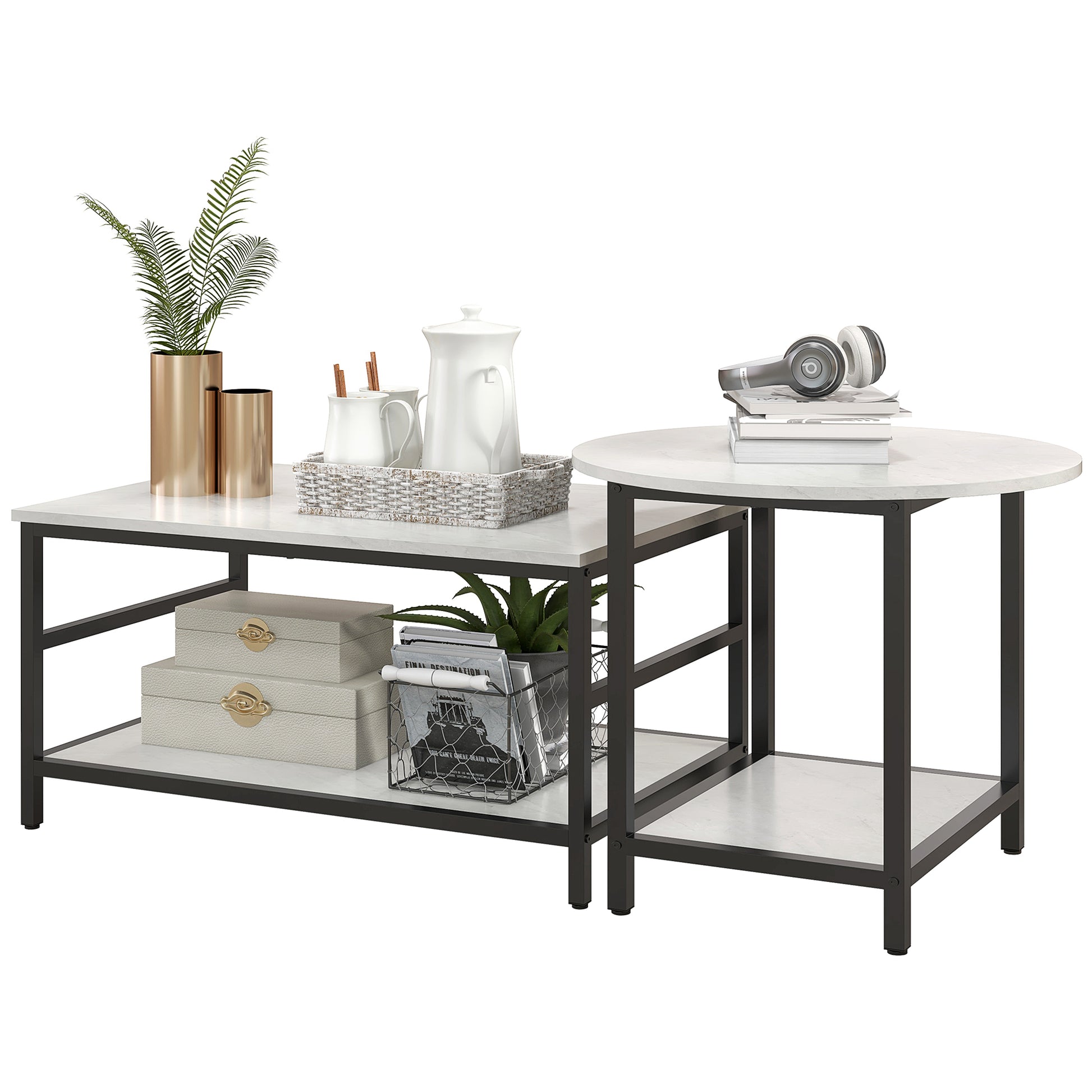 Couchtisch-Set, 2 Beistelltische, Marmoroptik, verstellbare Füße, Stahl, Schwarz/Weiß