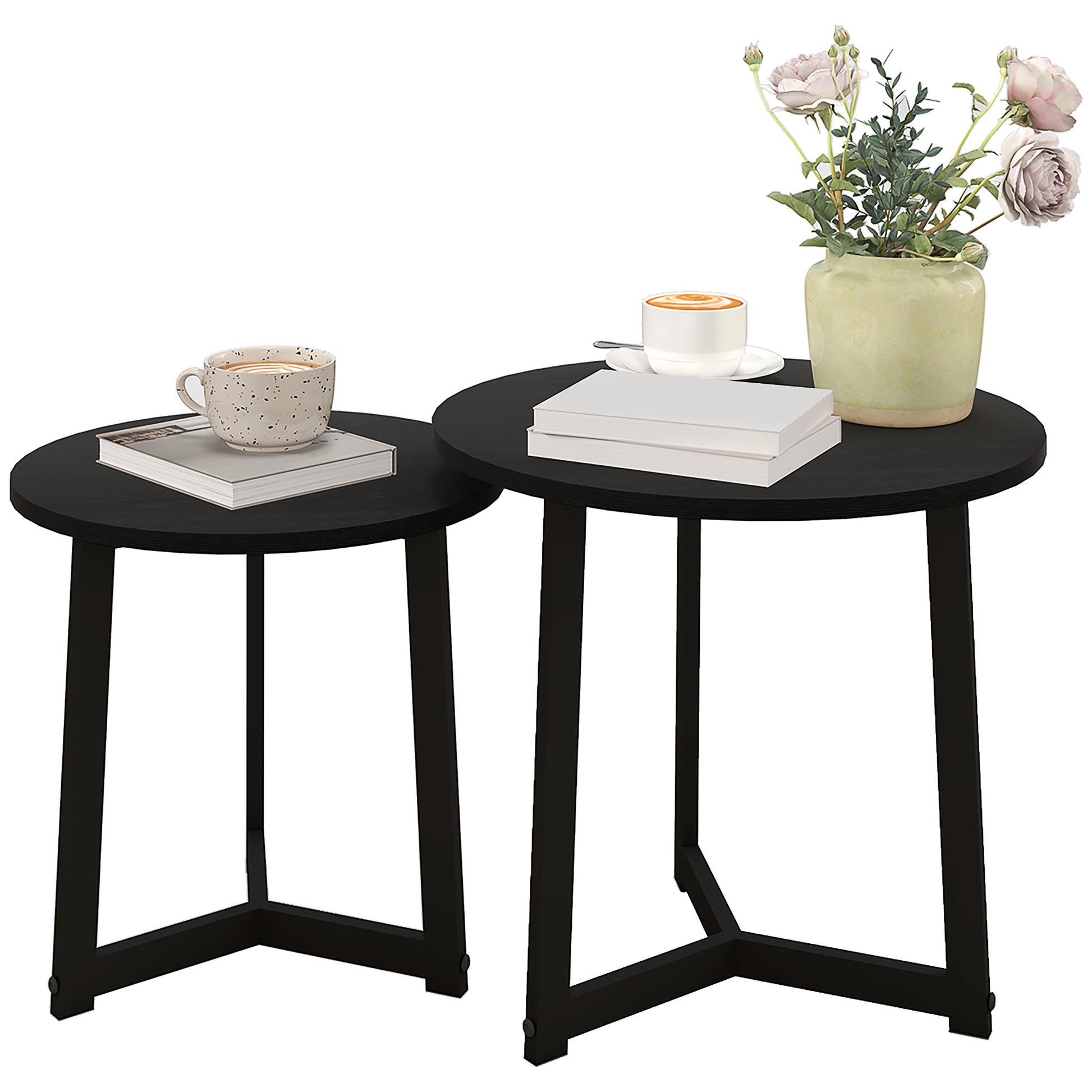 Moderner Couchtisch als 2er-Set, Metallrahmen, MDF, Rundes Design, ineinander verschiebbar
