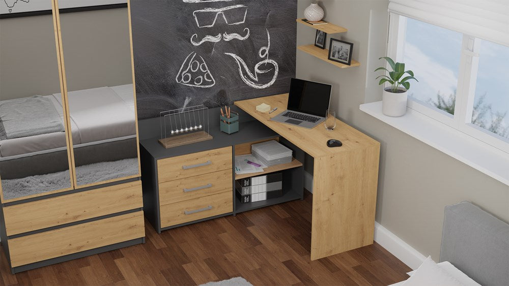 Eckschreibtisch DANY – 120 cm breit, mit 3 Schubladen, mehrere Farben