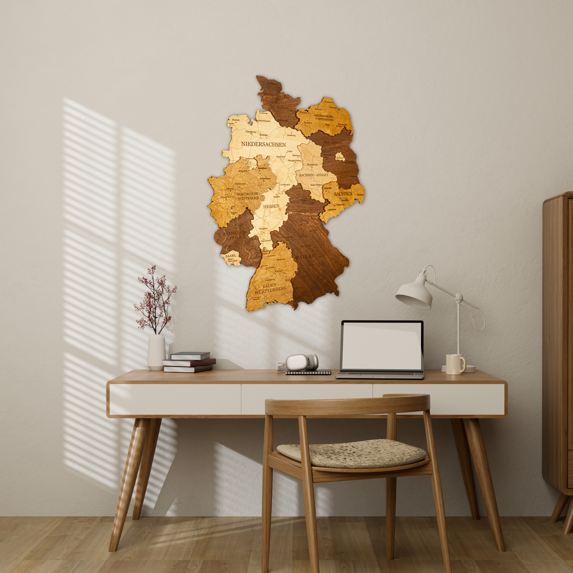 3D Holzkarte Deutschland – Handgefertigte Wanddeko mit Städten & Grenzen