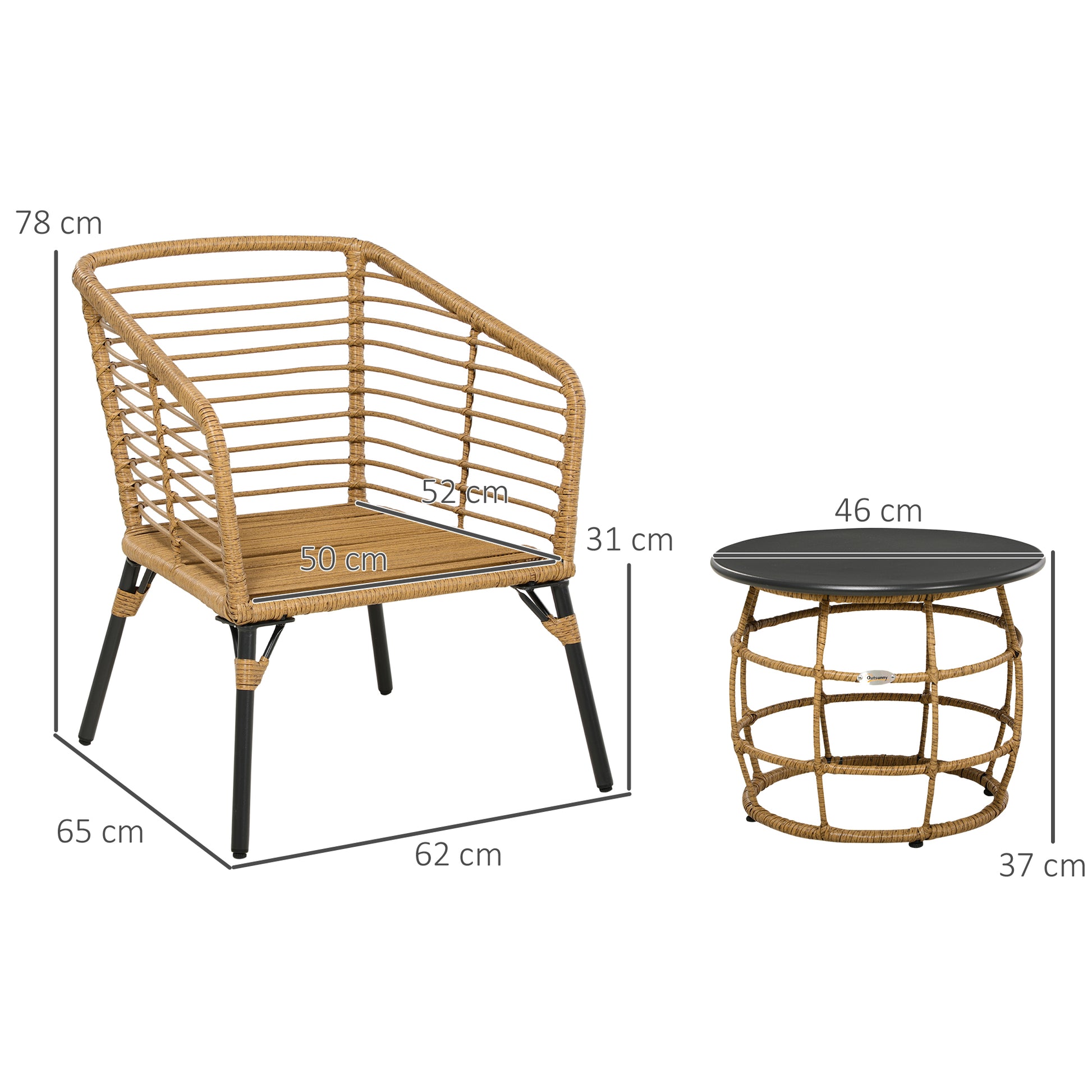 3-teiliges Bistro-Set, wetterbeständig, 1 Beistelltisch, 2 Stühle, 62 cm x 65 cm x 78 cm