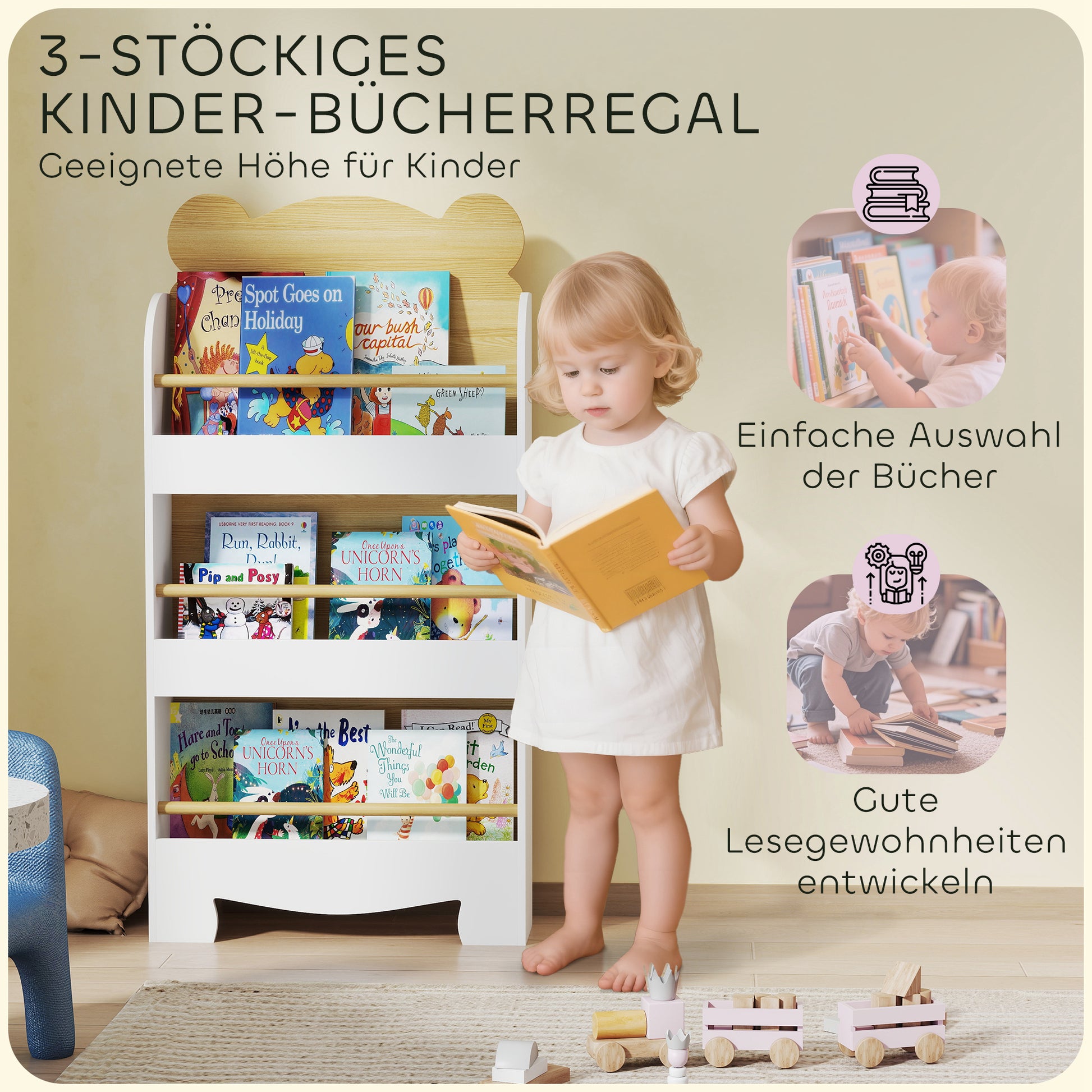 Bücherregal für Kinder Kinderregal mit 3 Ablagen Aufbewahrungsregal aus Holz 55x15x110cm
