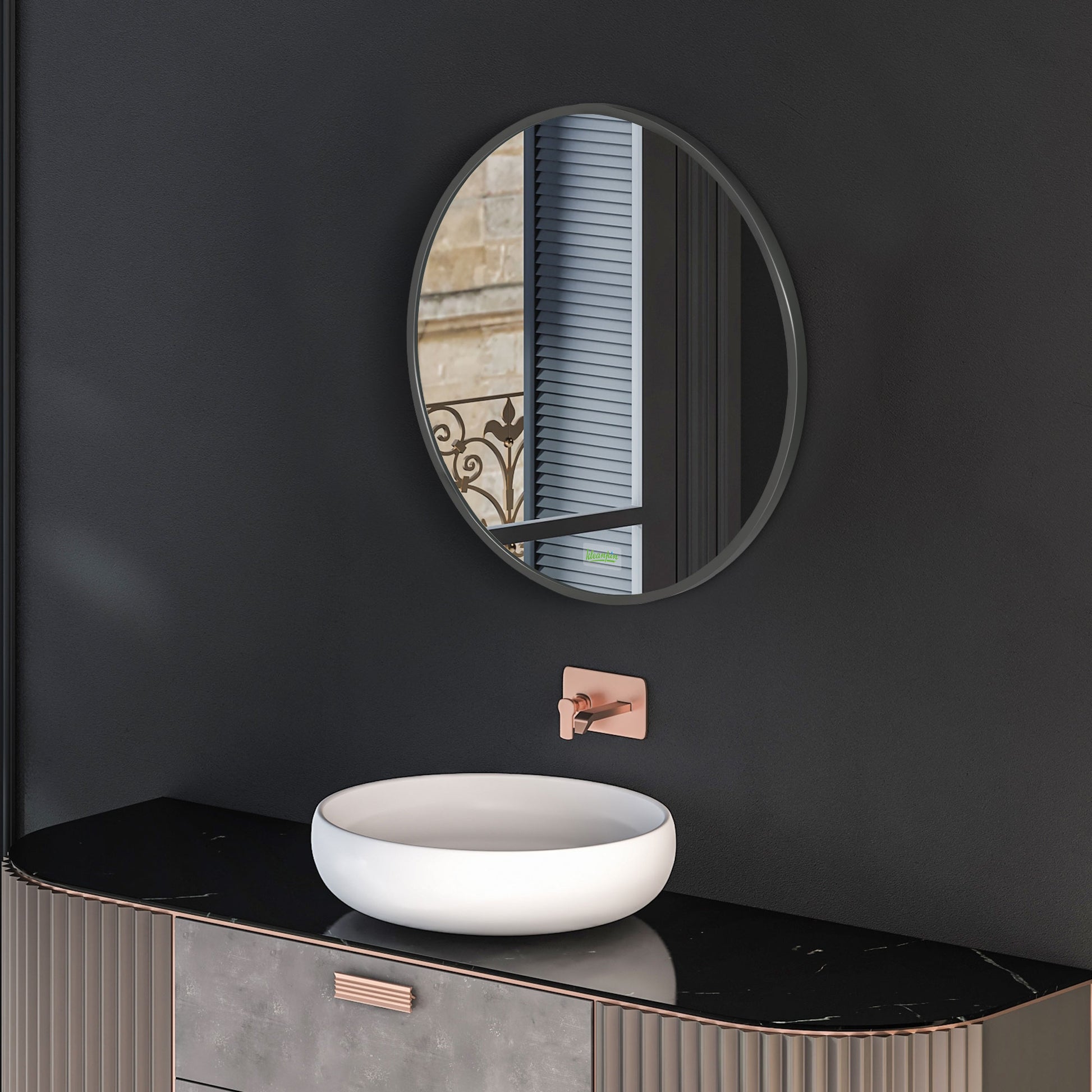 Runder Wandspiegel für Bad, Schlafzimmer, Flur, Metallrahmen, Farbe: Schwarz, Ø50