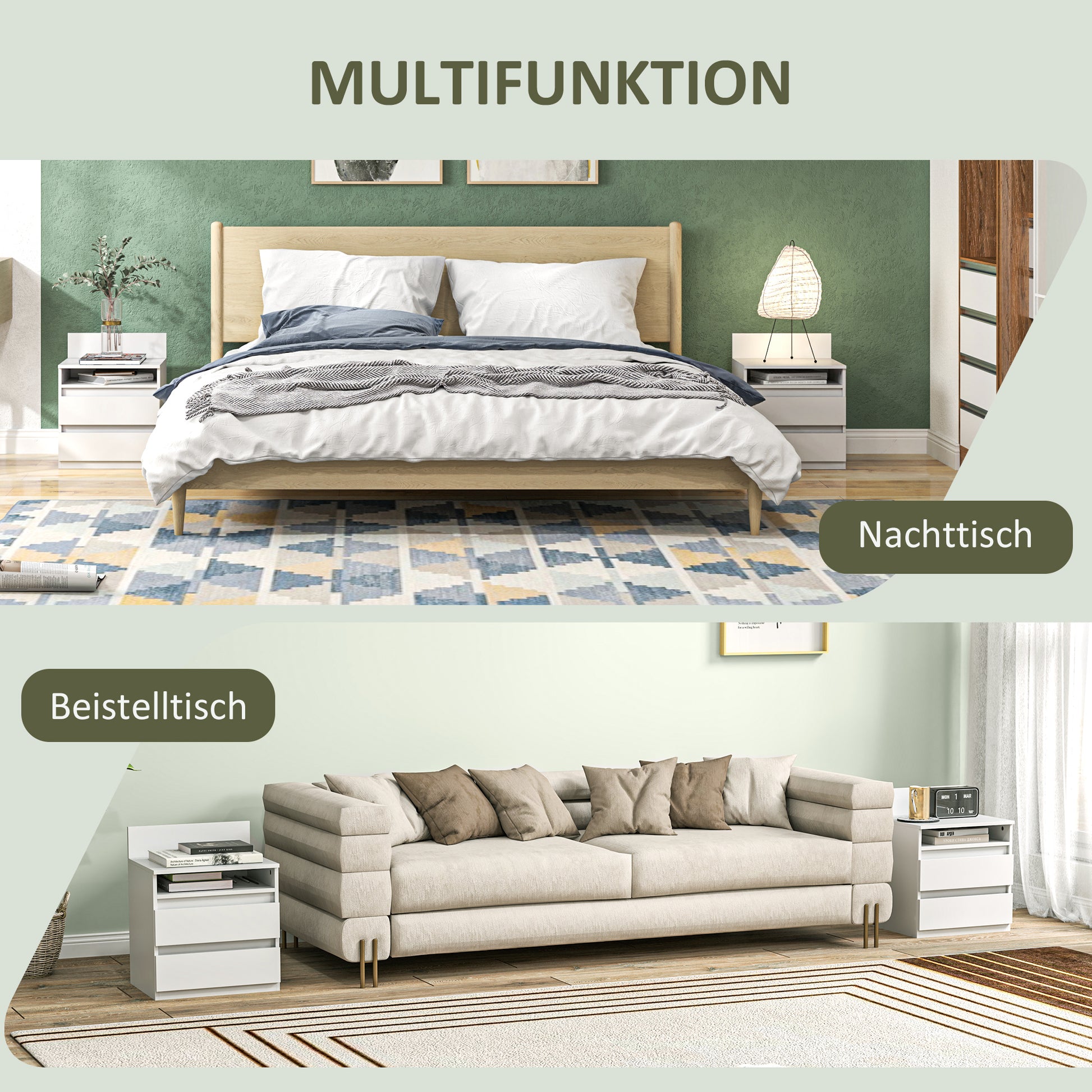 Nachttisch im 2er-Set mit Schubladen und Ablage, für Schlafzimmer, Weiß