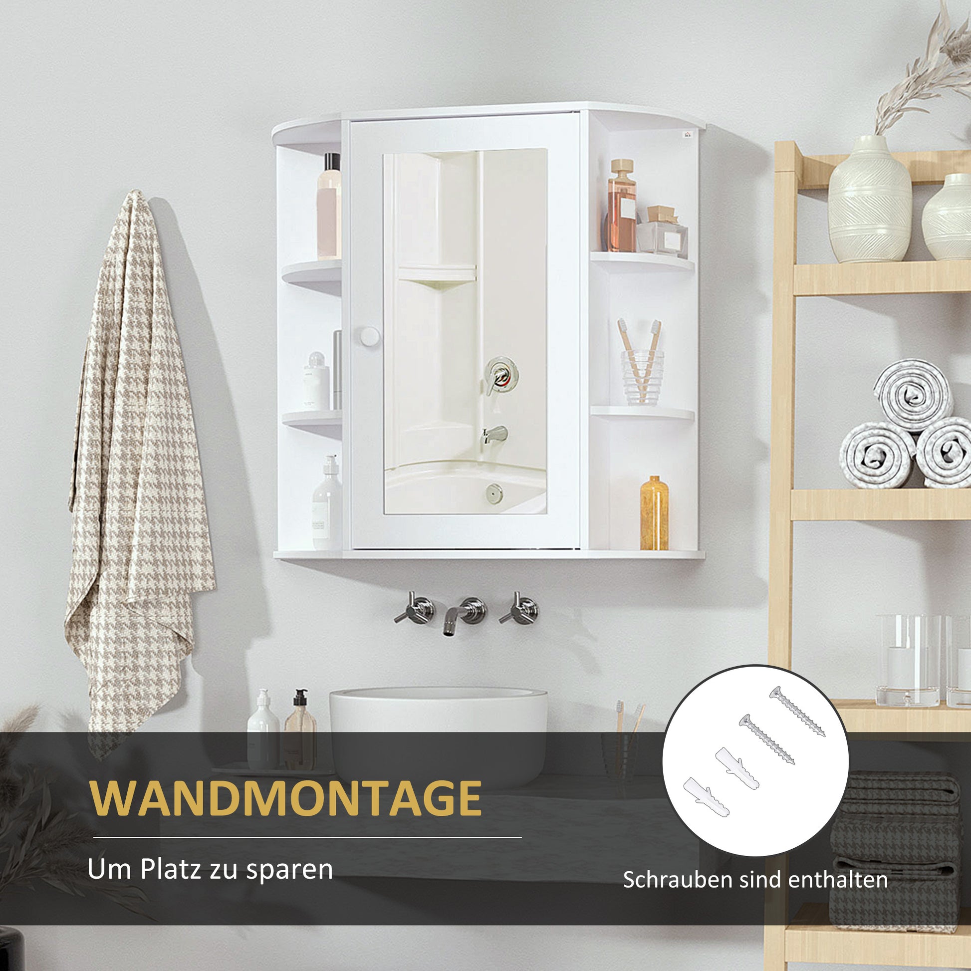 Spiegelschrank, 8 Fächer, Spiegeltüren, wasserbeständig, 66 cm x 17 cm x 63 cm, Weiß
