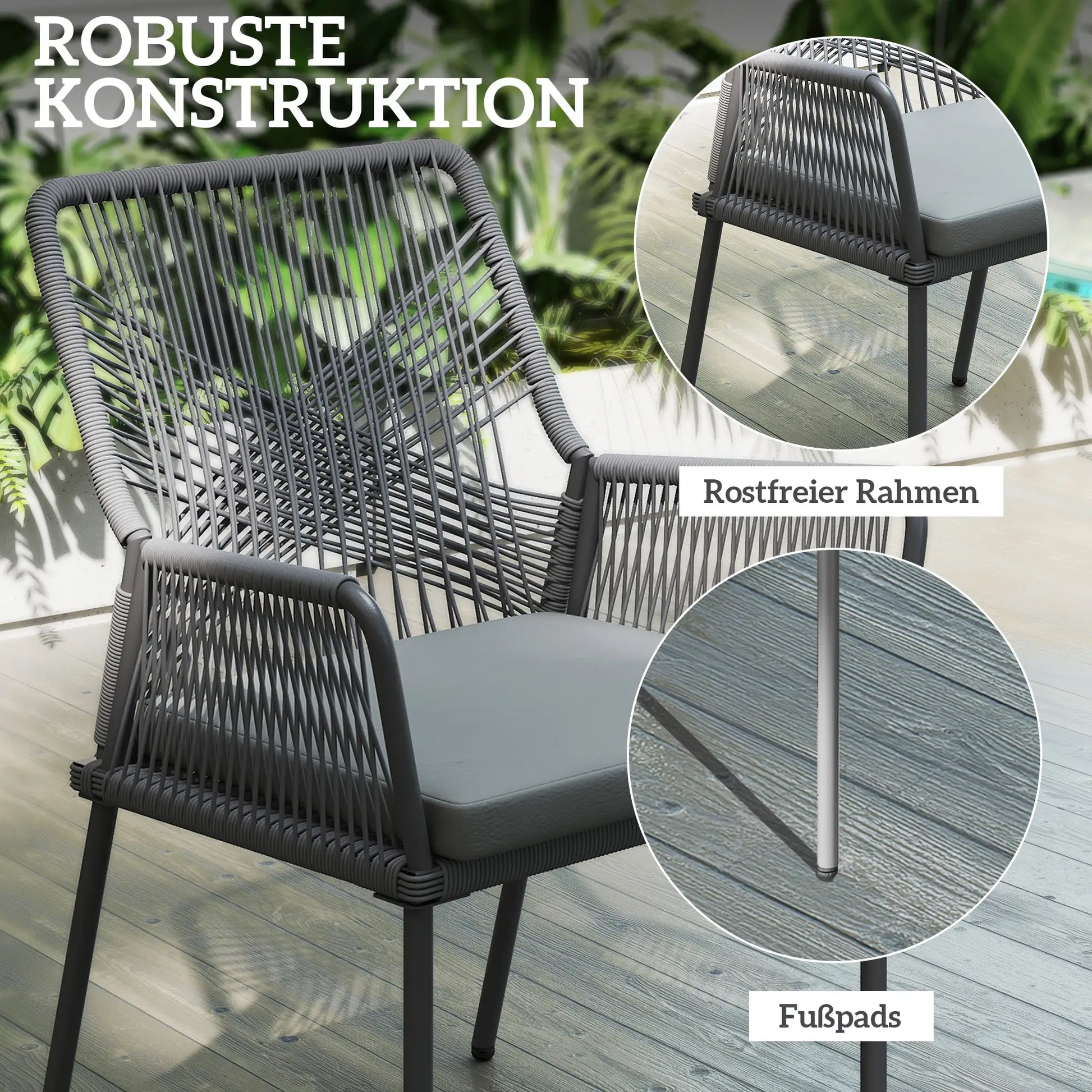2er-Set Gartenstühle, Terrassenstühle, waschbare Kissen, Stahl, Rattan, Dunkelgrau
