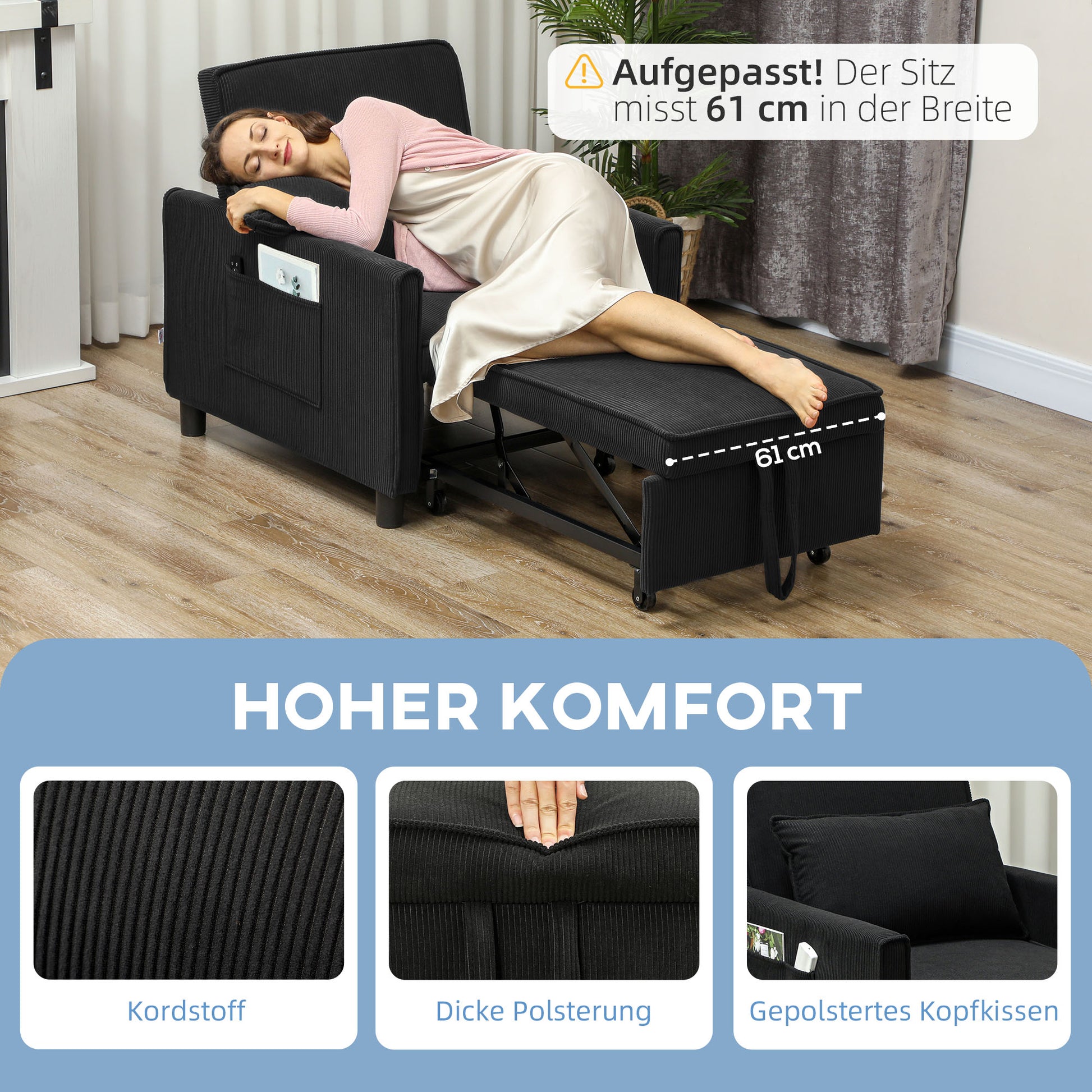 Schlafsessel, verstellbar, 3 Positionen, Cordbezug, bis 120 kg, Schwarz/Blau