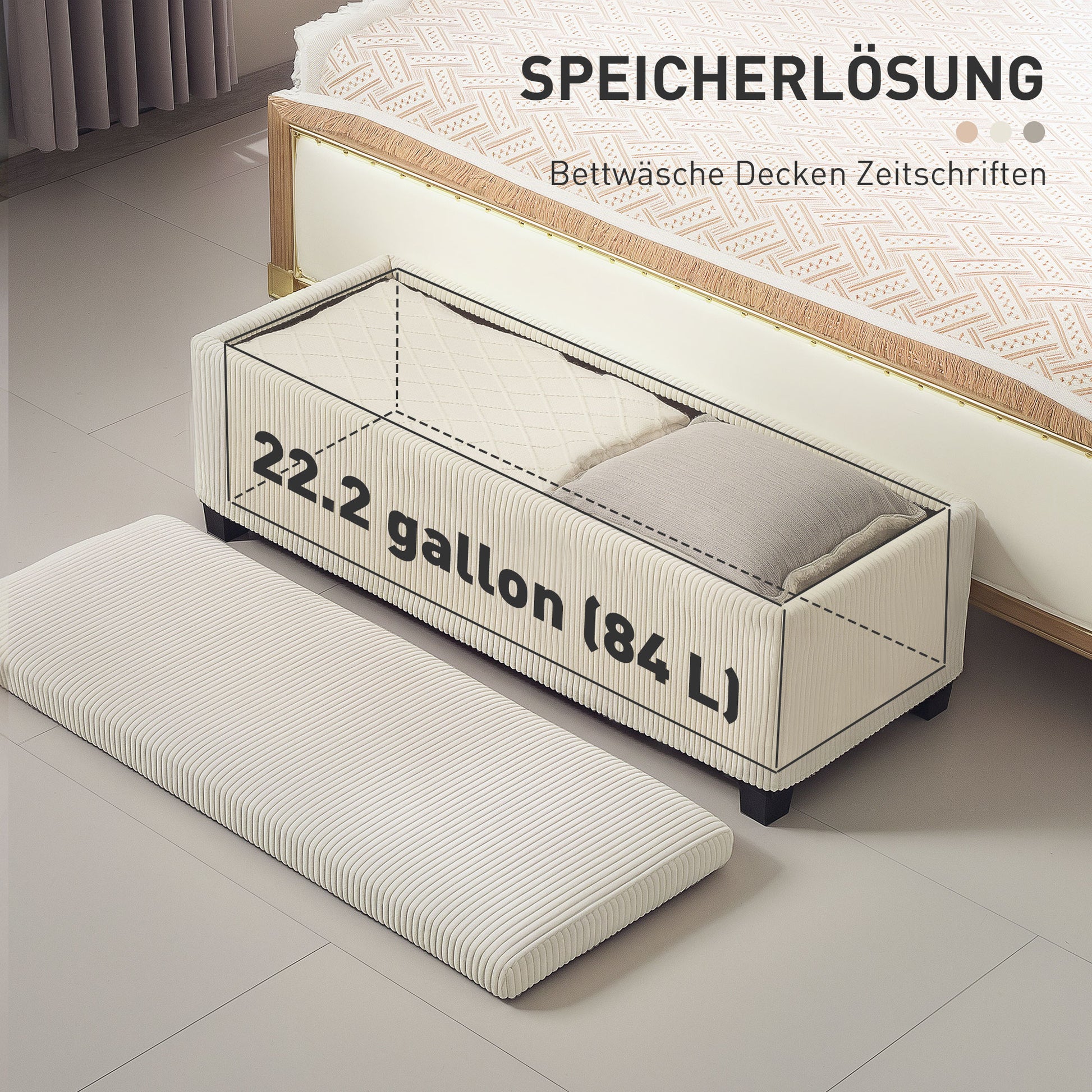 Sitzbank mit Stauraum, Aufbewahrungsbank, Cord-Design, Stahlrahmen, Beige