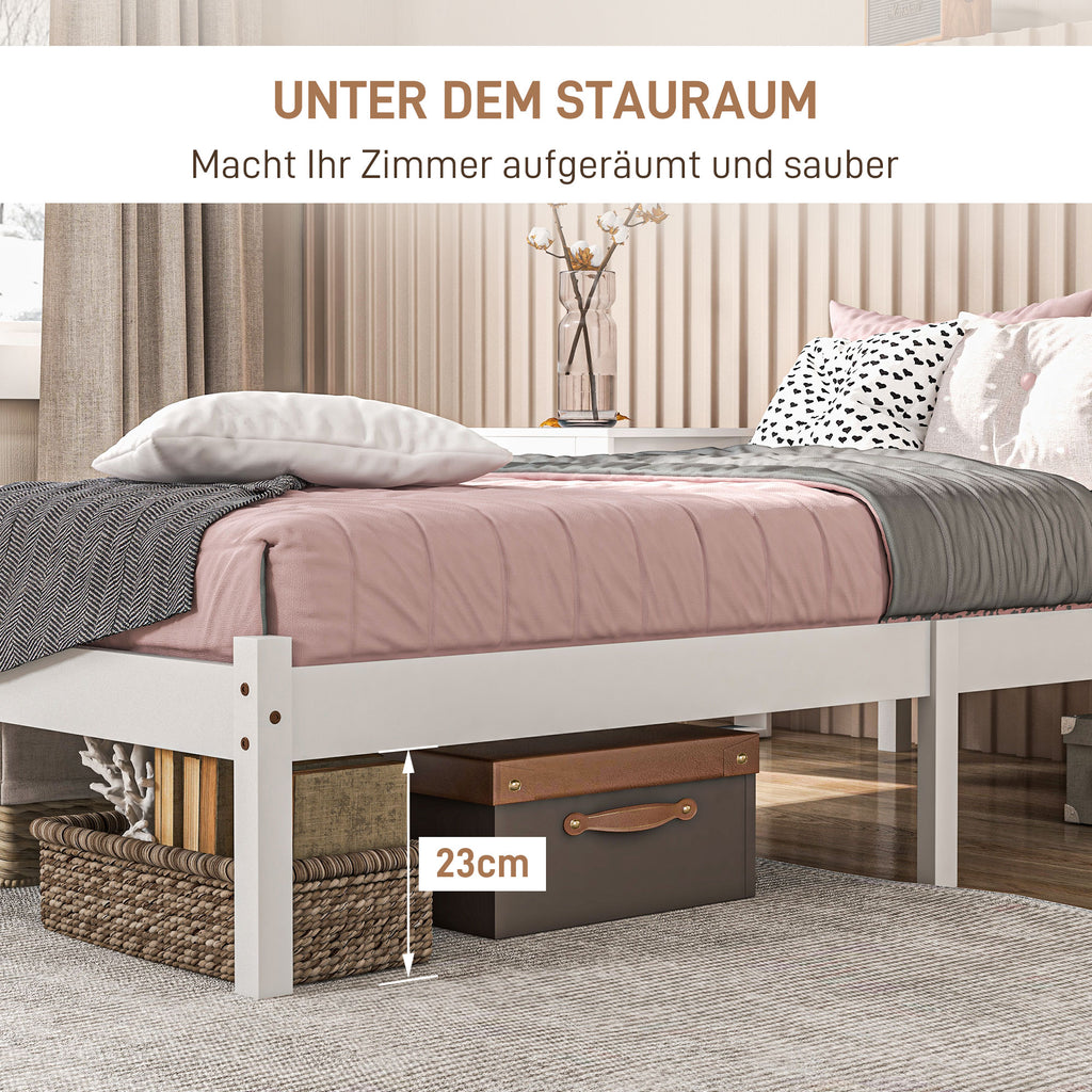 Bettrahmen Holzbett 208 x 96 cm mit Lattenrost & Kopfteil, elegantes Einzelbettgestell für Schlafzimmer in Weiß