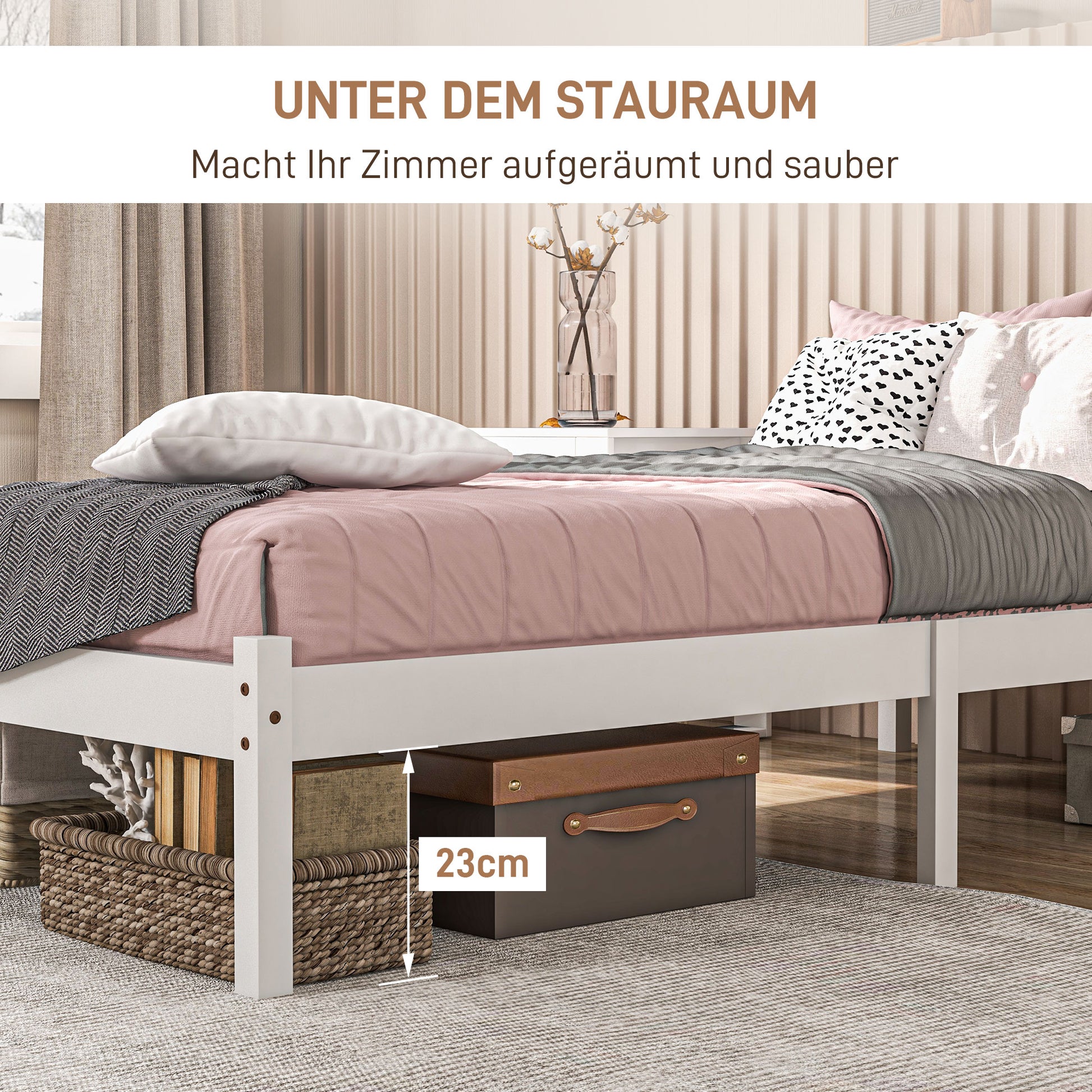 Bettrahmen Holzbett 208 x 96 cm mit Lattenrost & Kopfteil, elegantes Einzelbettgestell für Schlafzimmer in Weiß