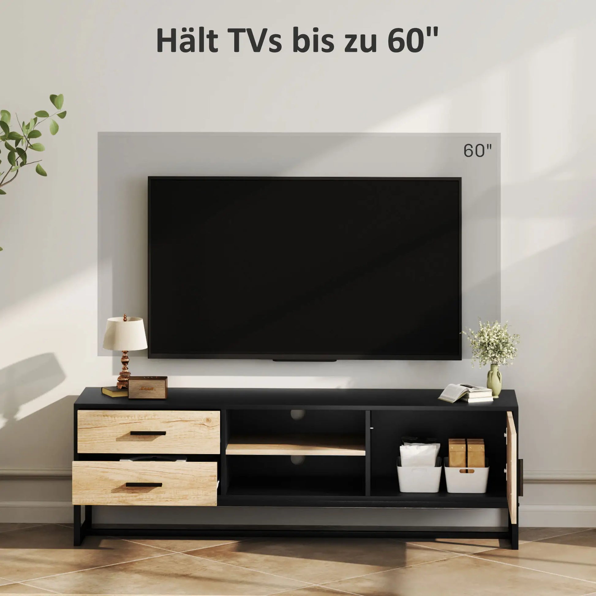 TV-Schrank mit Tür, 2 Schubladen, offene Fächer, verstellbares Regal, Schwarz