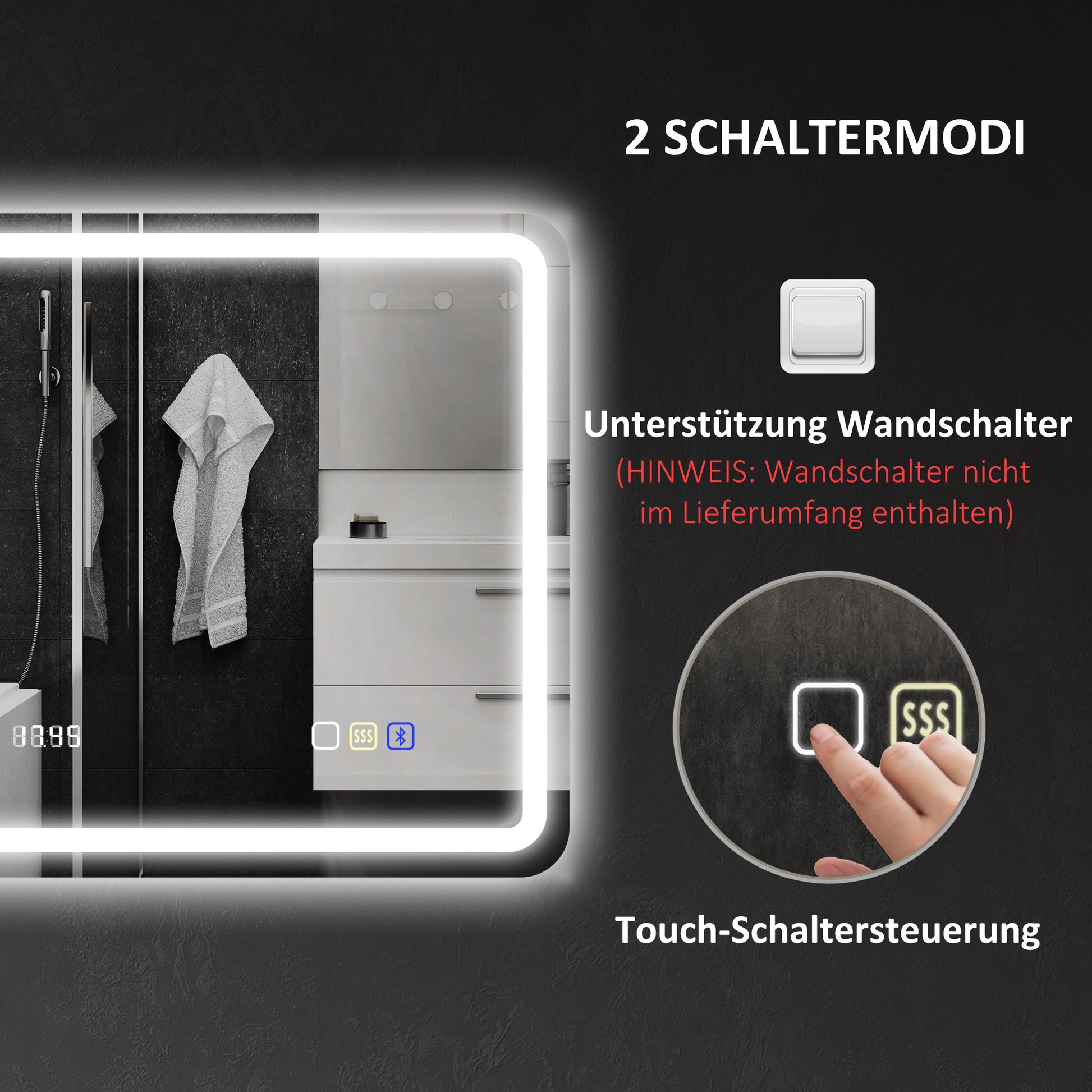 Badezimmerspiegel mit LED-Beleuchtung, Anti-Beschlags-Pad, 3 verstellbare Farben, Uhr
