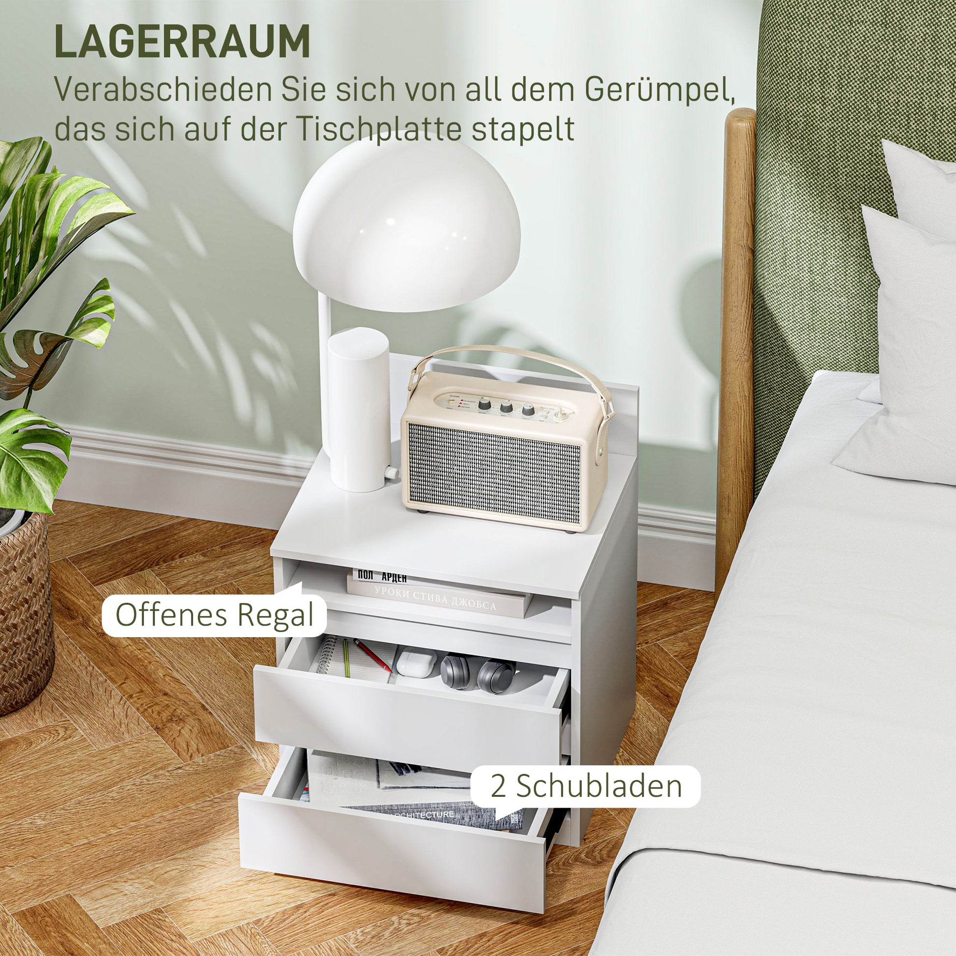 Nachttisch im 2er-Set mit Schubladen und Ablage, für Schlafzimmer, Weiß