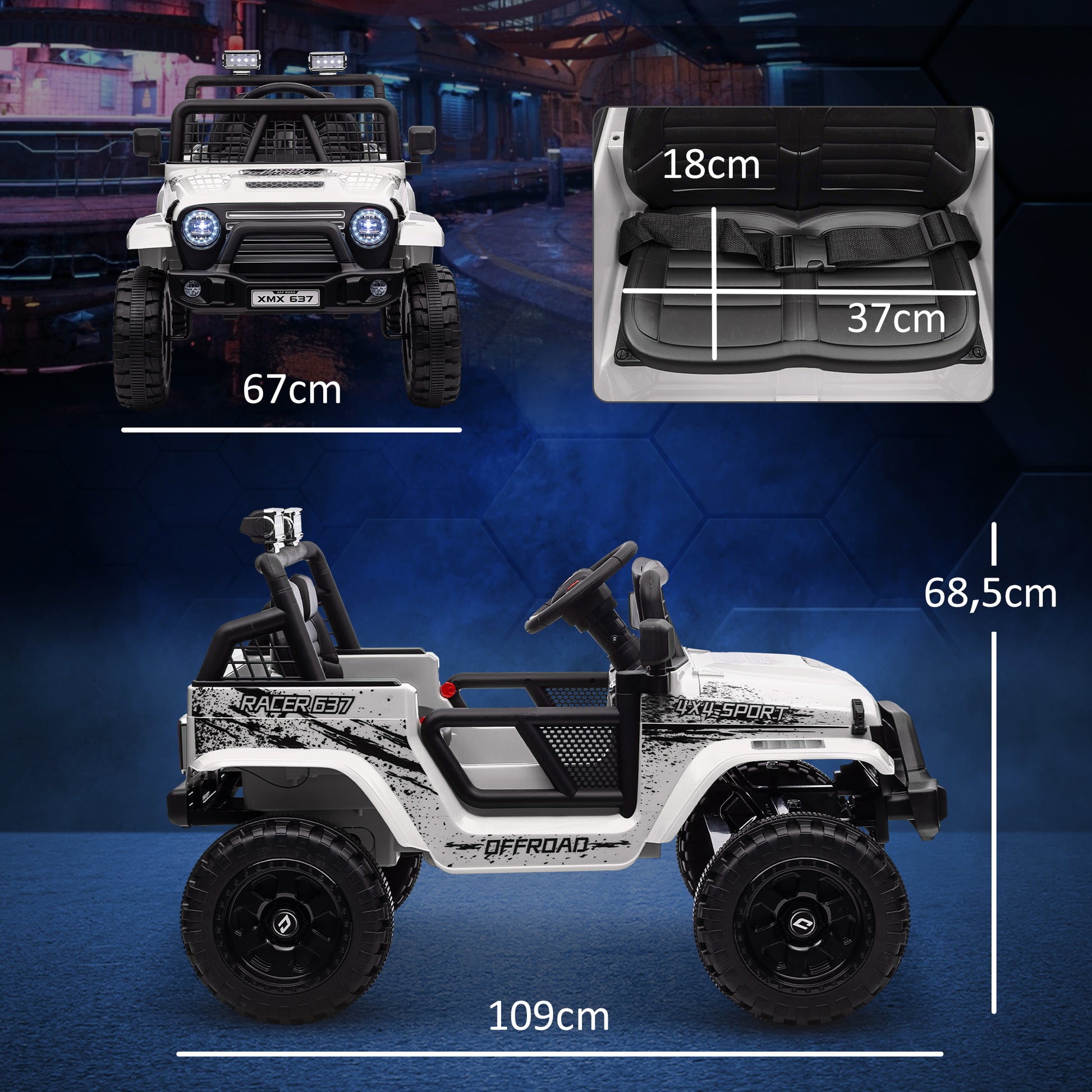 Kinder-Elektroauto mit sanfter Federung, fernsteuerbar, LED-Lichter, Hupe, 12V, Kunststoff und Metall