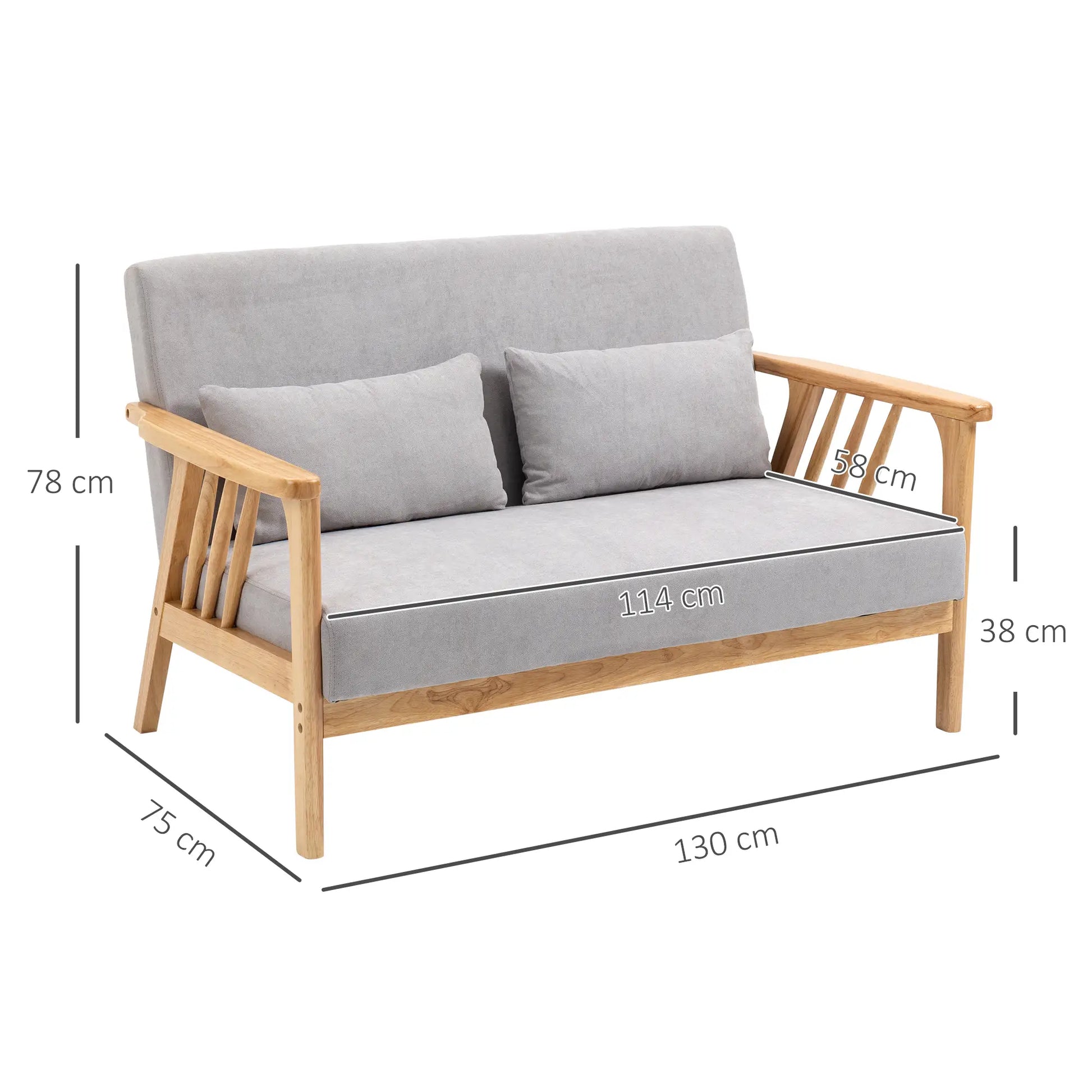 Sofa 2-Sitzersofa, inkl. 2 Kissen, Samtoptik, Kautschukholz, 130 cm x 75 cm x 78 cm, Grau + Natur