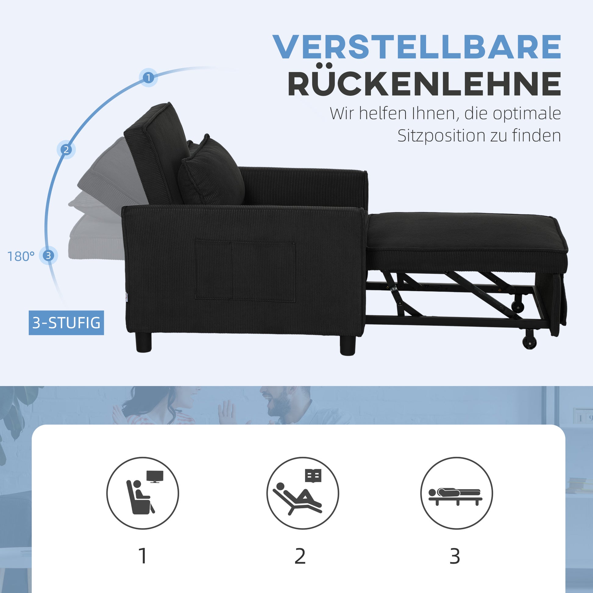 Schlafsessel, verstellbar, 3 Positionen, Cordbezug, bis 120 kg, Schwarz/Blau