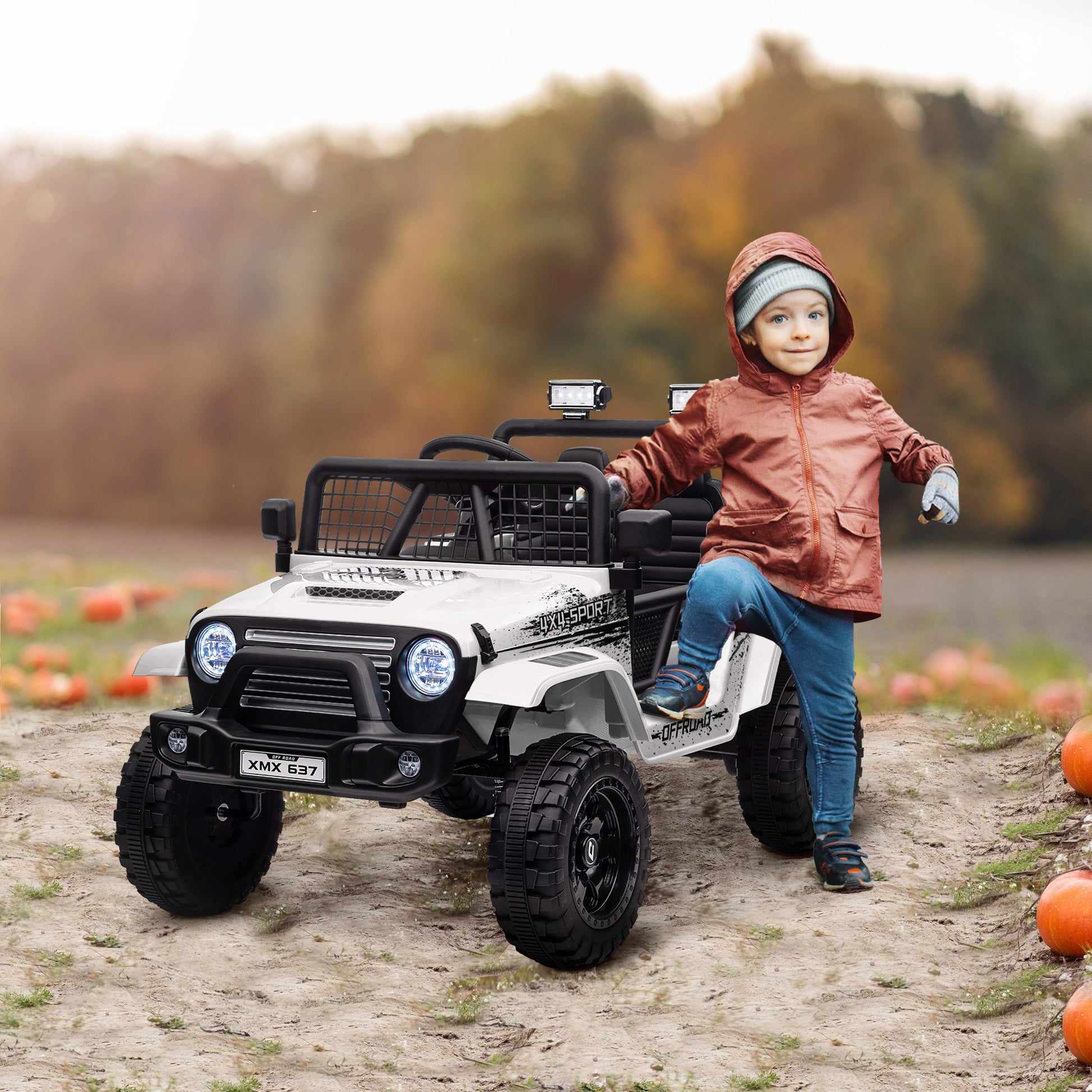 Kinder-Elektroauto mit sanfter Federung, fernsteuerbar, LED-Lichter, Hupe, 12V, Kunststoff und Metall