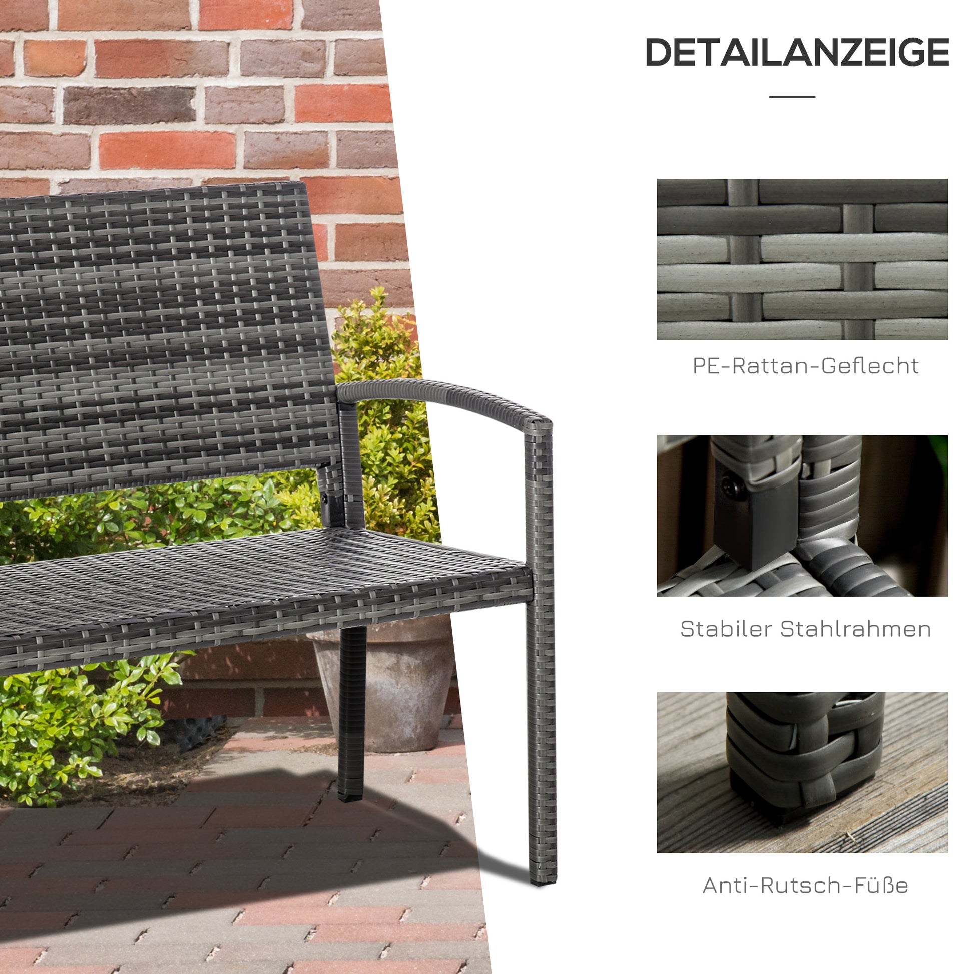 Gartenbank, in Rattanoptik, mit Stahlrahmen, für 2 Personen, Schwarz, 122 x 60 x 85cm