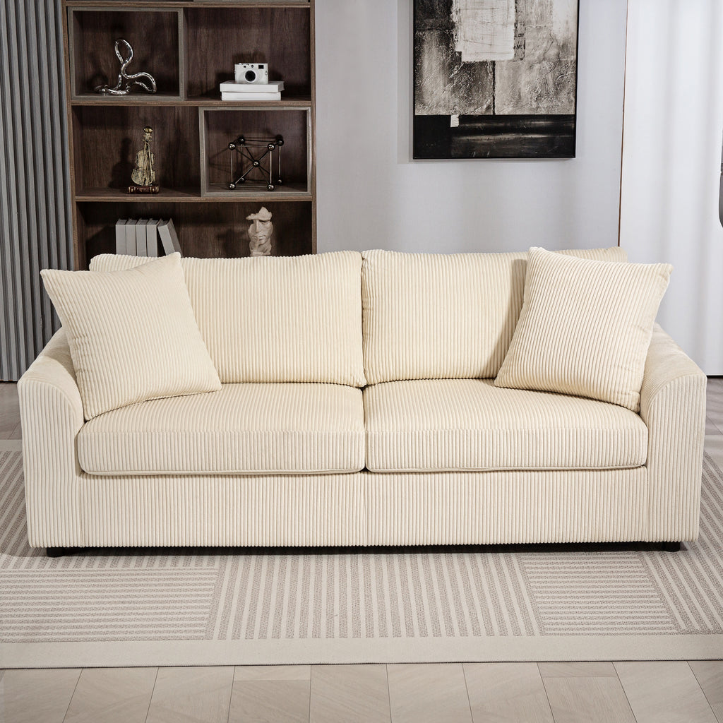 3-Sitzer-Sofa mit Zierkissen, Cordsofa für Wohnzimmer, 212 cm breit, Cremeweiß