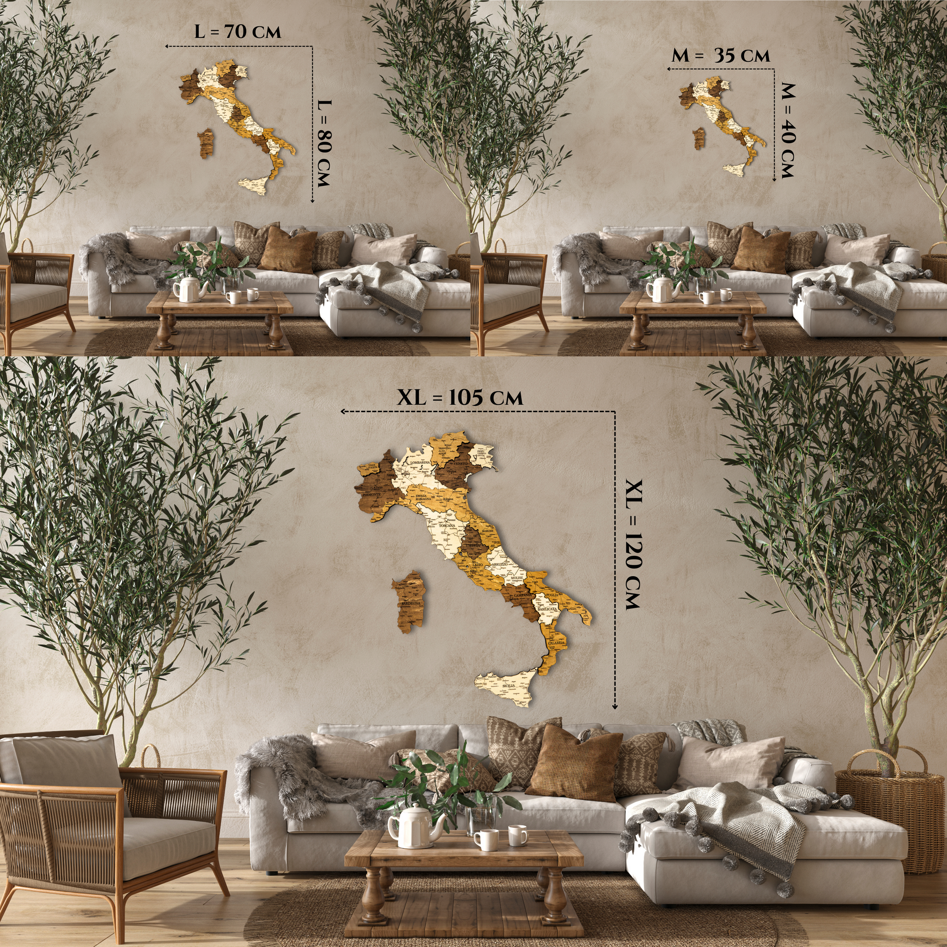 3D Holzkarte Italien – Handgefertigte Wanddeko mit Toskana & Sizilien