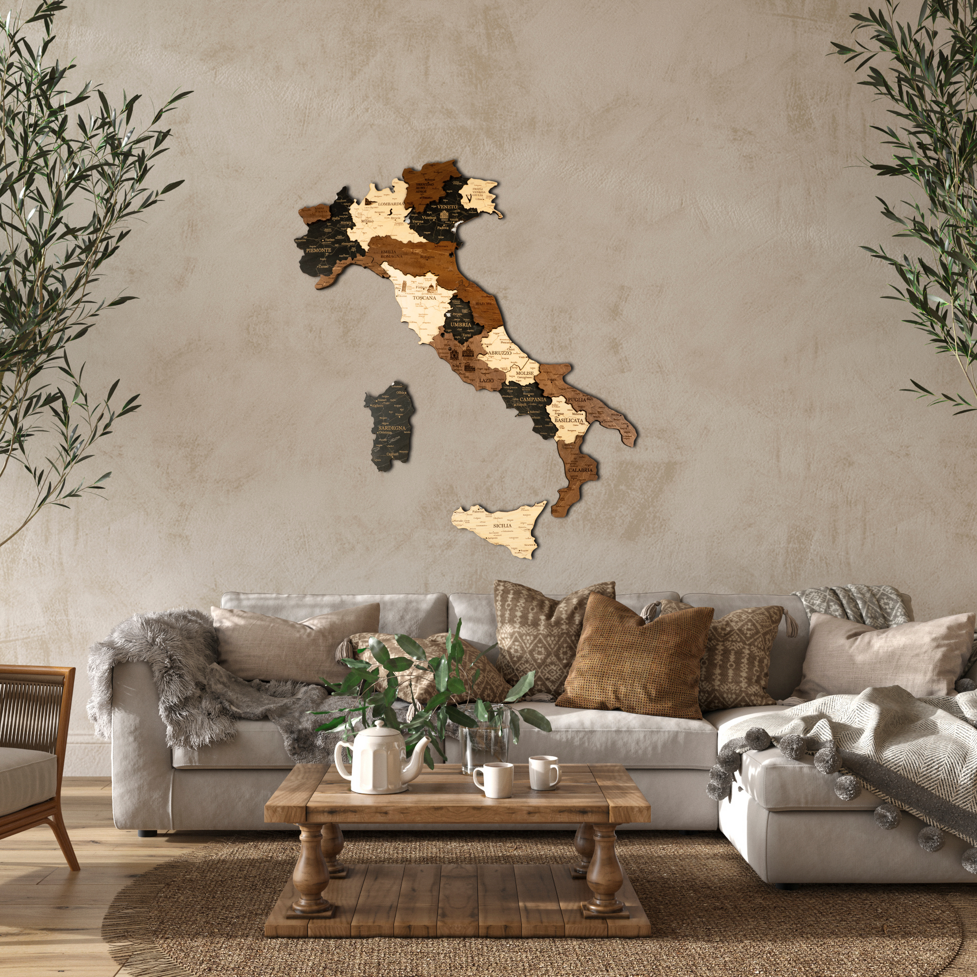 3D Holzkarte Italien – Handgefertigte Wanddeko mit Toskana & Sizilien
