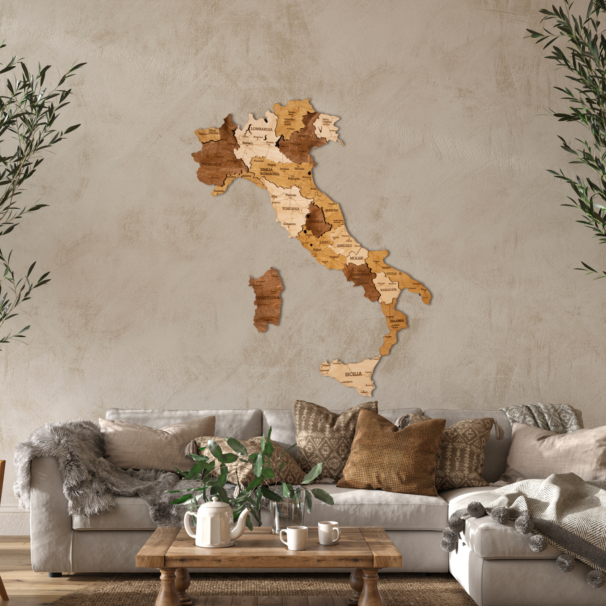 3D Holzkarte Italien – Handgefertigte Wanddeko mit Toskana & Sizilien