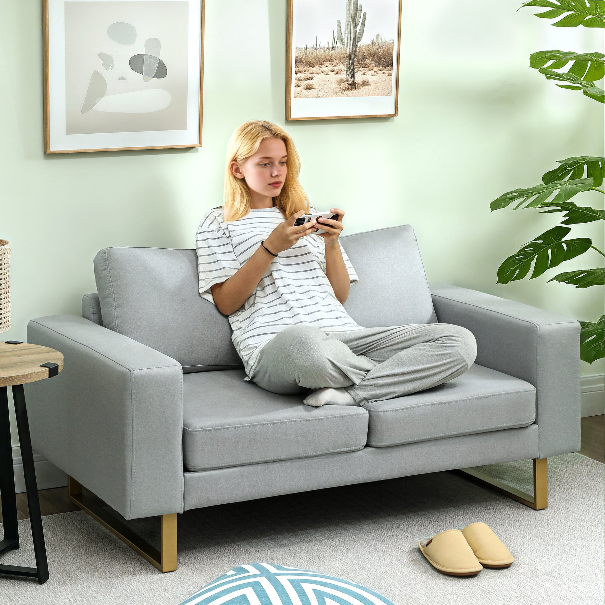2-Sitzer Sofa  Ecksofa Polstersofa, Stoffsofa, Holz, Dunkelgrau/Hellgrau