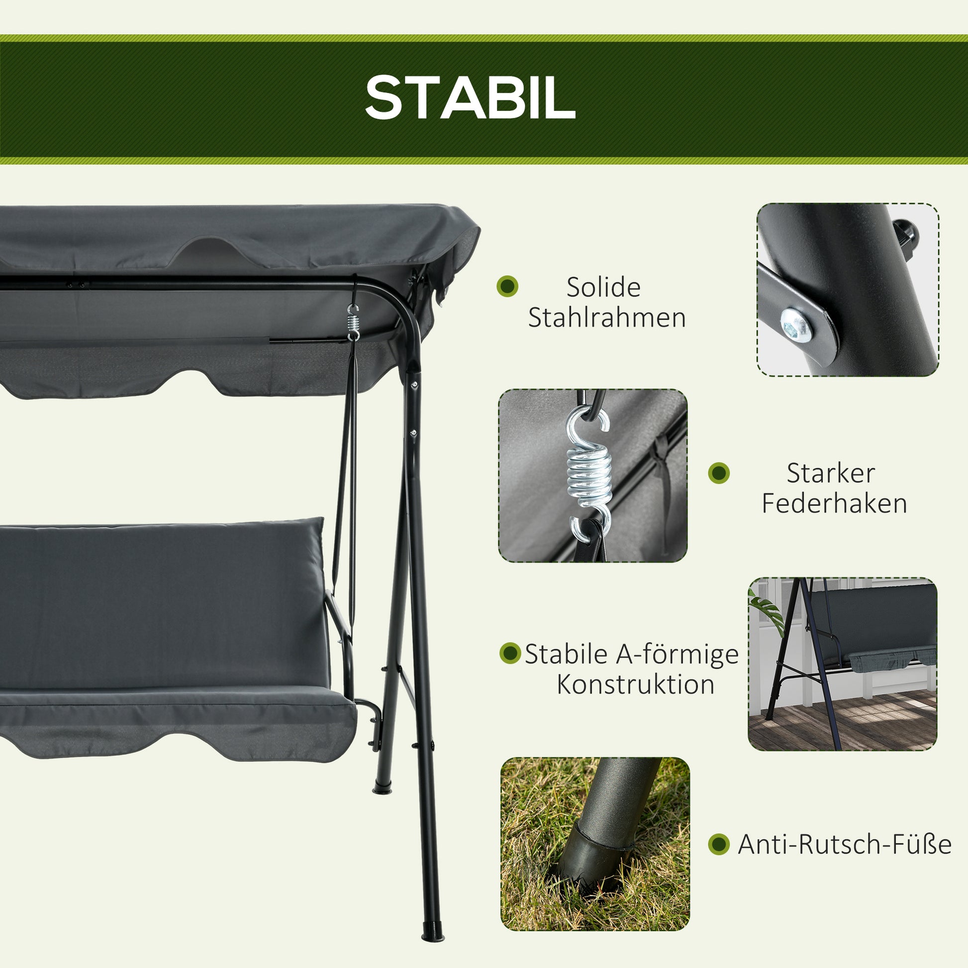 Gartenschaukel, 3-Sitzer Schaukelbank mit Dach, Stahl, 172 x 110 x 153 cm, Grau