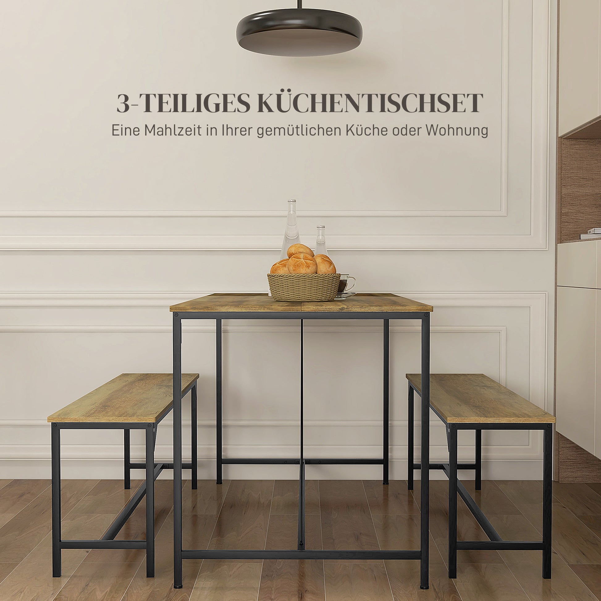 Essgarnitur, Tisch & 2 Bänke, Industrial Design, Stahlrahmen, Holzdekor/Schwarz