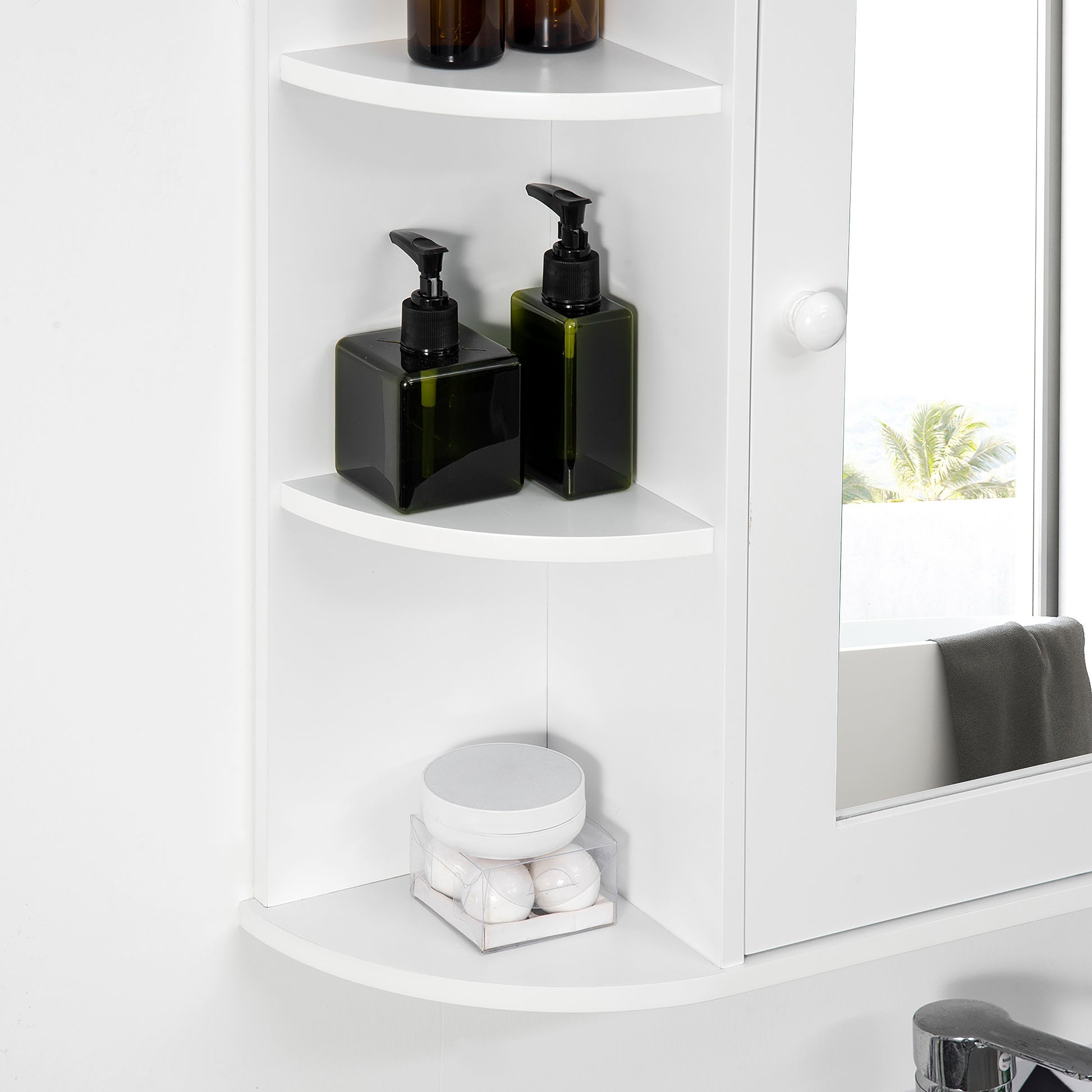 Spiegelschrank, 8 Fächer, Spiegeltüren, wasserbeständig, 66 cm x 17 cm x 63 cm, Weiß