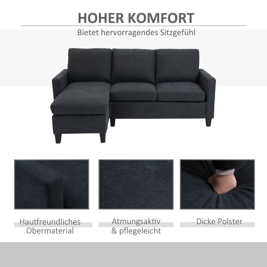 Ecksofa, Couchgarnitur, mit wendbarer Chaiselongue, 197 x 139 x 91cm, Dunkelgrau