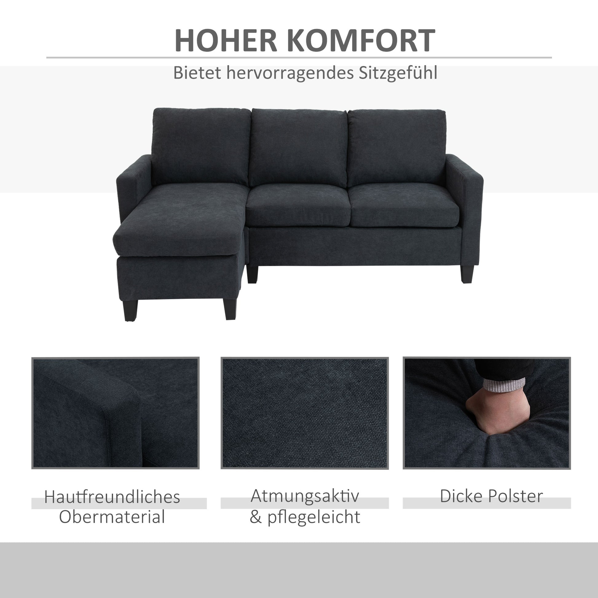 Ecksofa, Couchgarnitur, mit wendbarer Chaiselongue, 197 x 139 x 91cm, Dunkelgrau