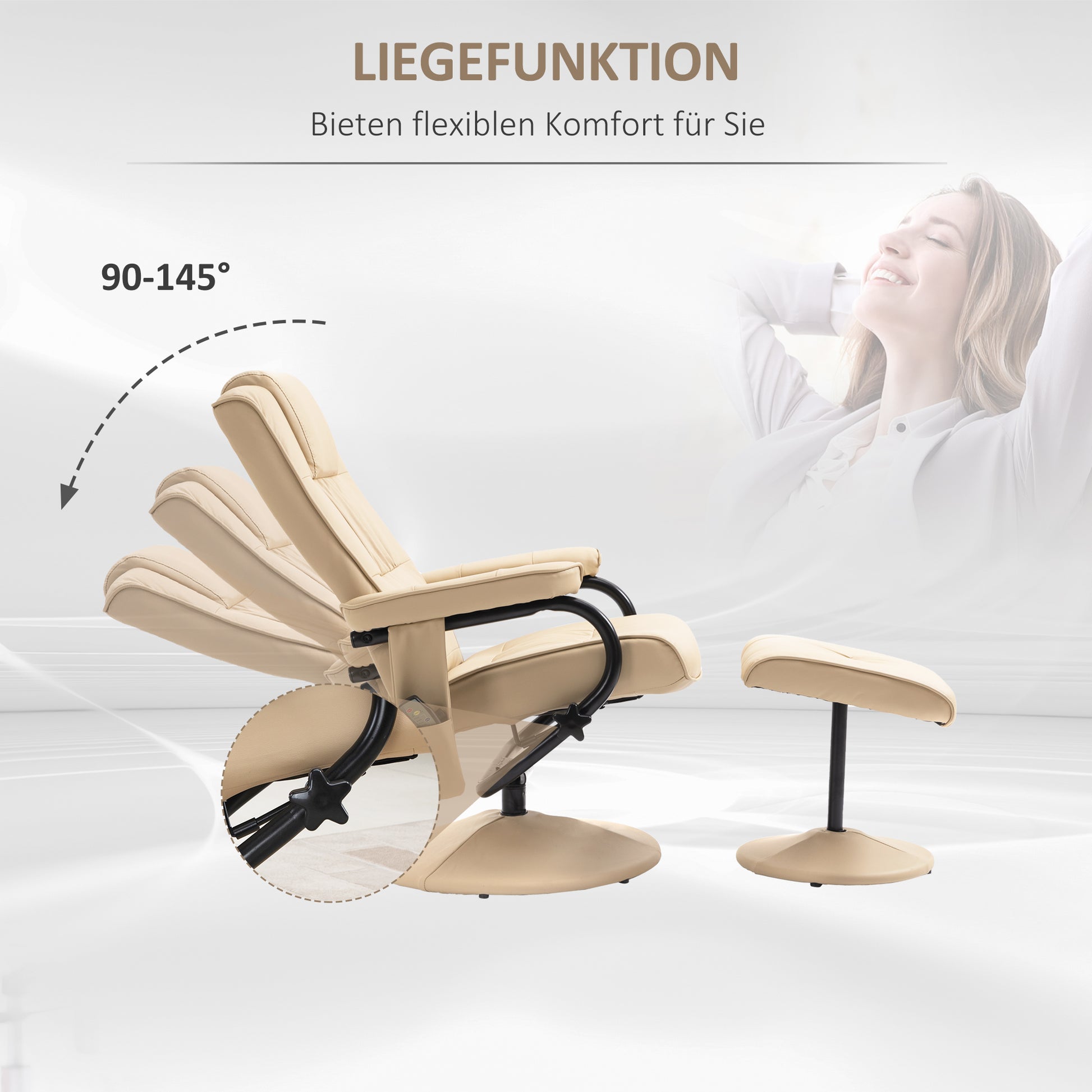 Massagesessel mit Hocker, Drehbares mit Massagefunktion, Liegefunktion, Fernbedienung, Kunstleder